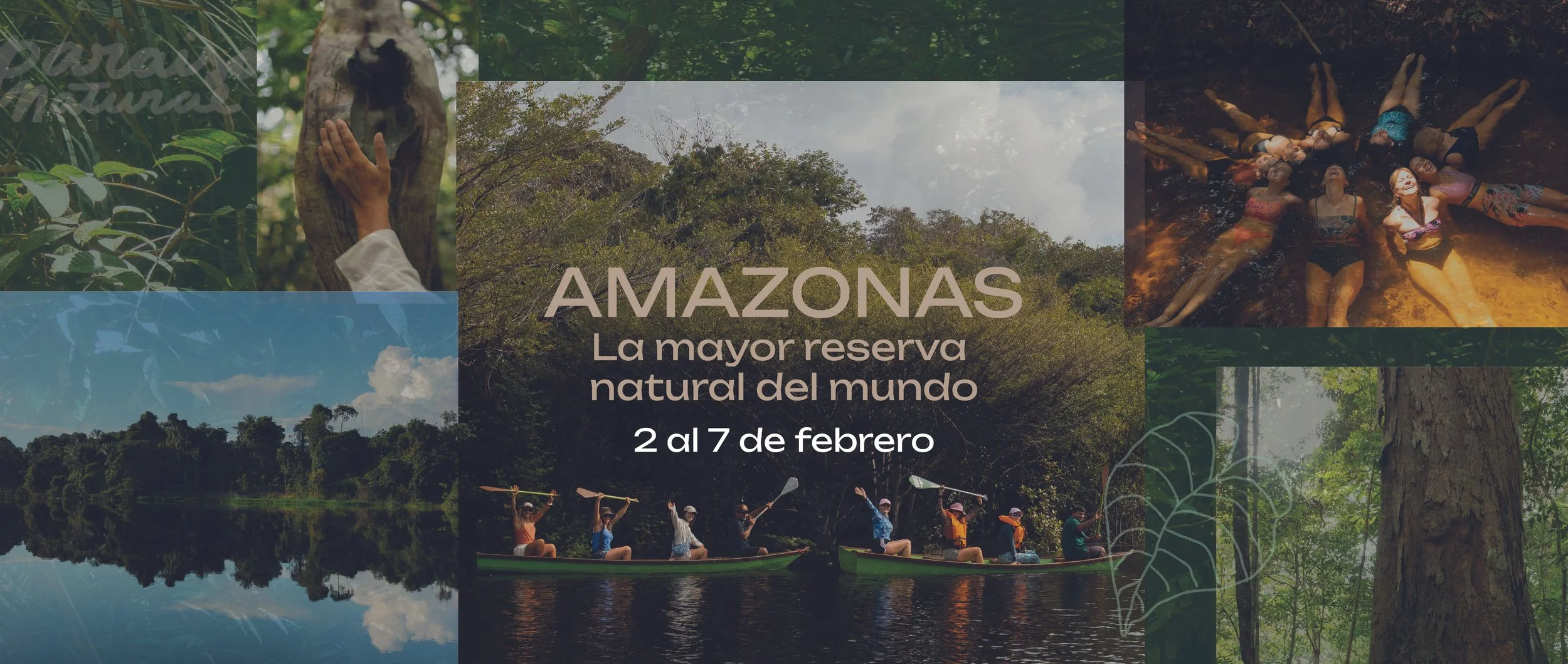 Persona en un bote en el río en un atardecer en la selva amazónica, con un cartel que dice "Amazonas, la mayor reserva biológica del mundo, del 3 al 8 de febrero."