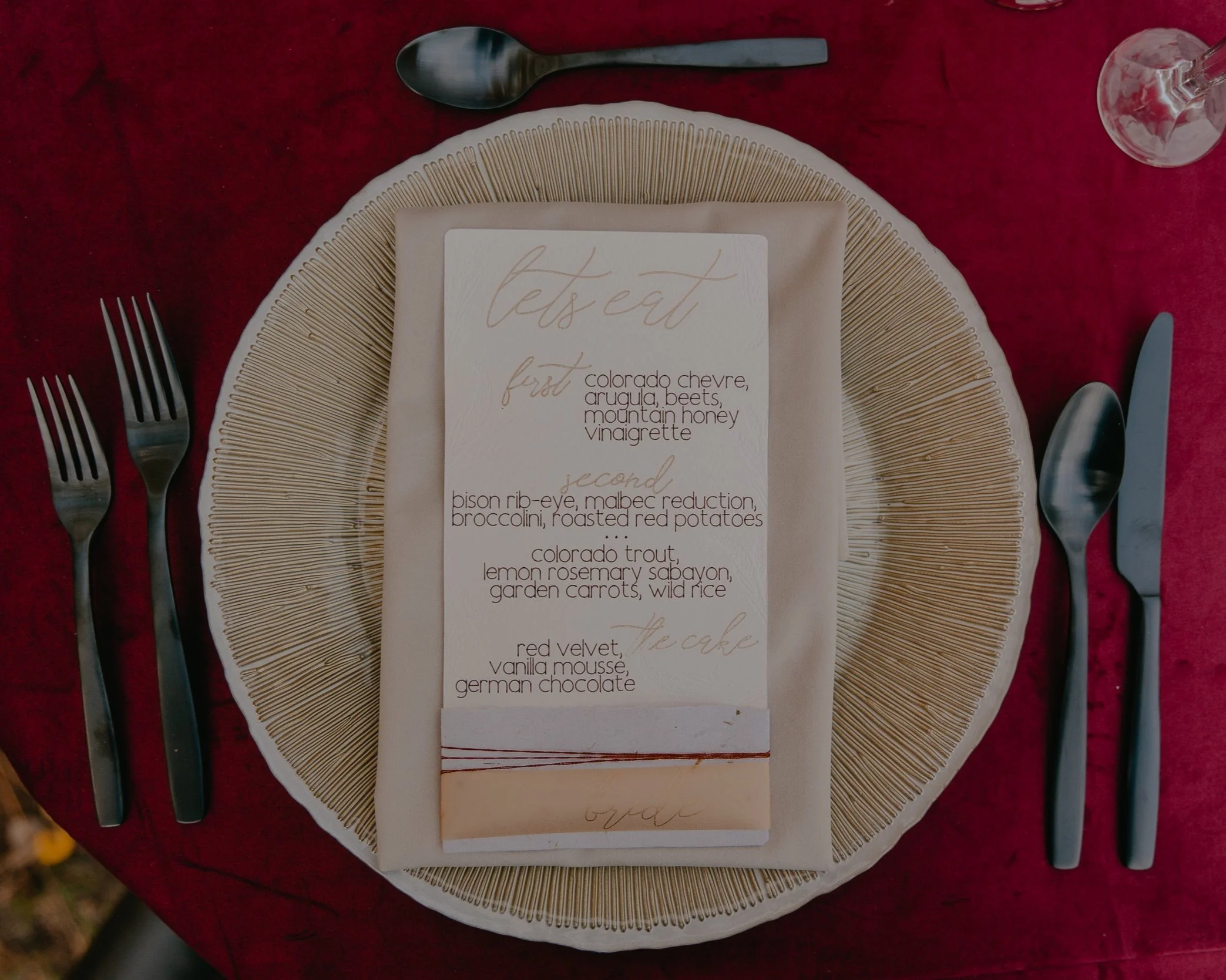 letterpress rocky mountain wedding menu, with gold vellum and handmadepaper accents