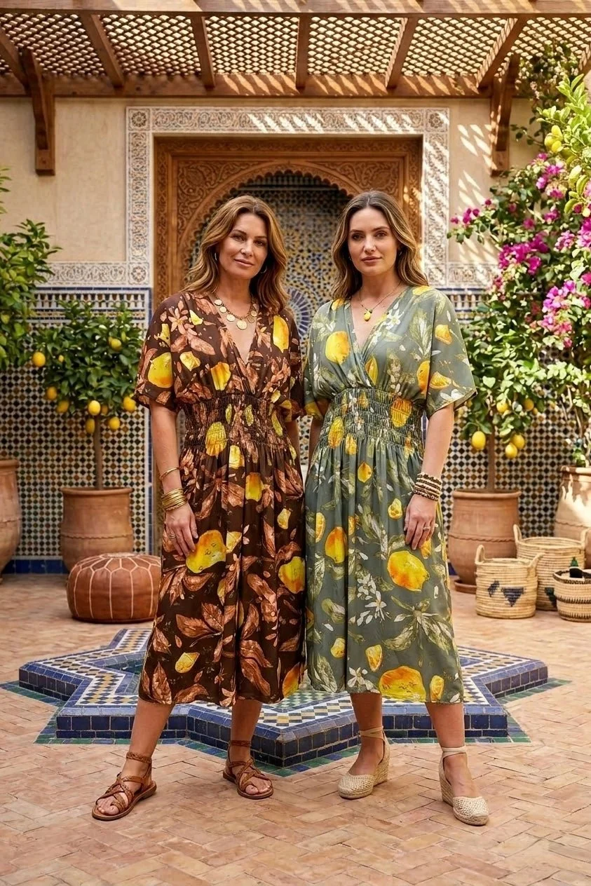 JANICE LEMON PRINT GATHERED DRESS - 5 COLOURS