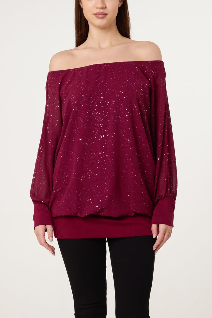 LENA BARDOT METALLIC GLITTER BLOUSE - 4 COLOURS