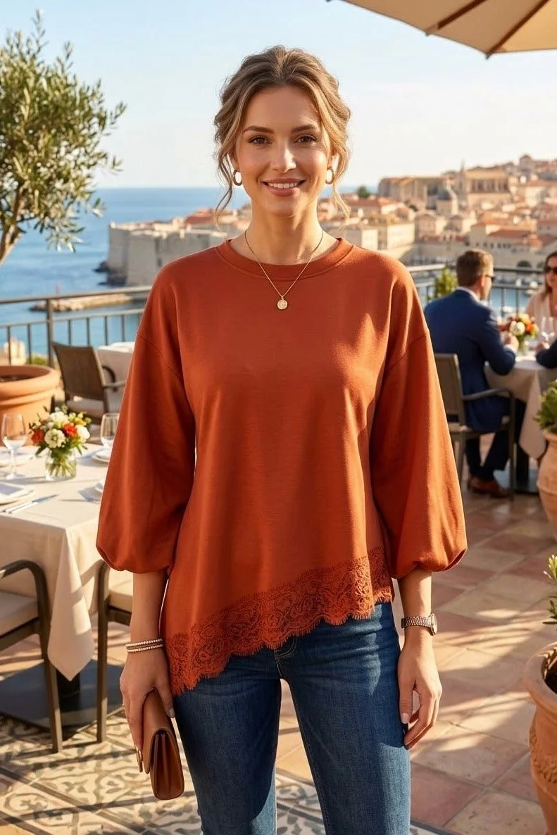 JENI ASYMMETRICAL LACE TRIM BALLOON SLEEVE TOP - 6 COLOURS