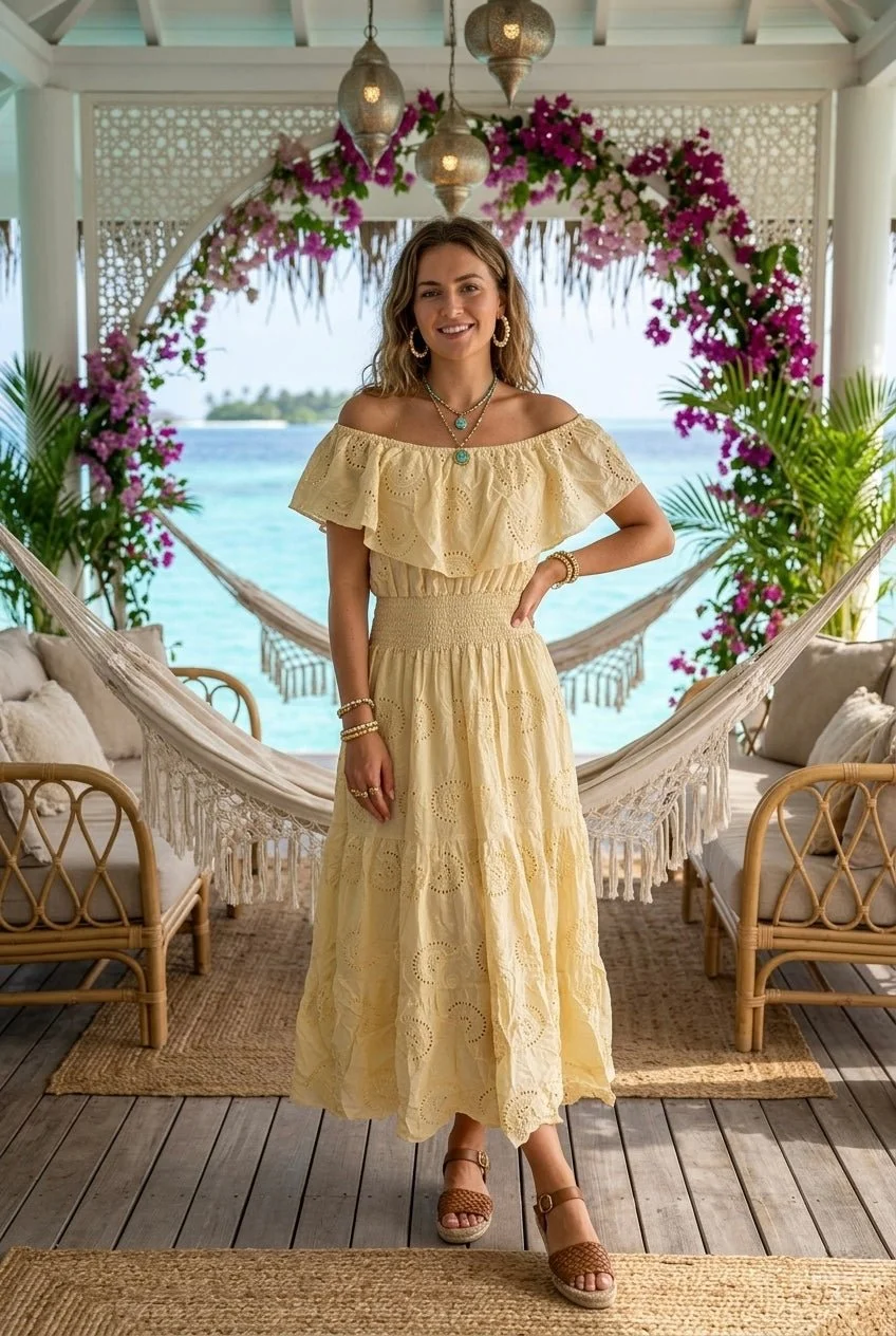 ROXI OFF SHOULDER ANGLAISED DRESS - 7 COLOURS