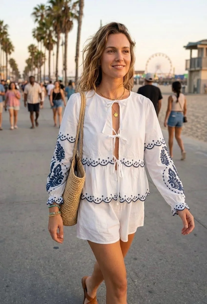 CASSIE COTTON EMBROIDERY TIE UP BLOUSE - 4 COLOURS