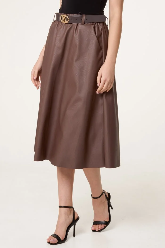 MAISIE BELTED LEATHER LIKE SKIRT - 2 COLOURS