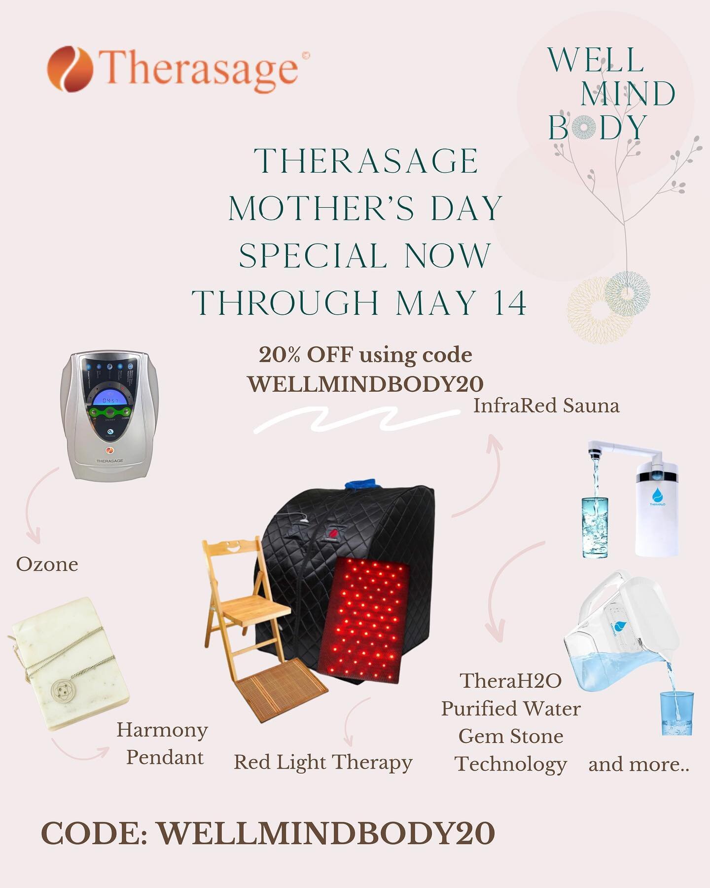 Therasage has completely revolutionized personal heating products with its patented line of Full Spectrum Infrared Portable Saunas &amp; Healing Pads, Living Water, EMF Protection Devices, Ozone made easy and more!

Shop Mother&rsquo;s Day Sale now a