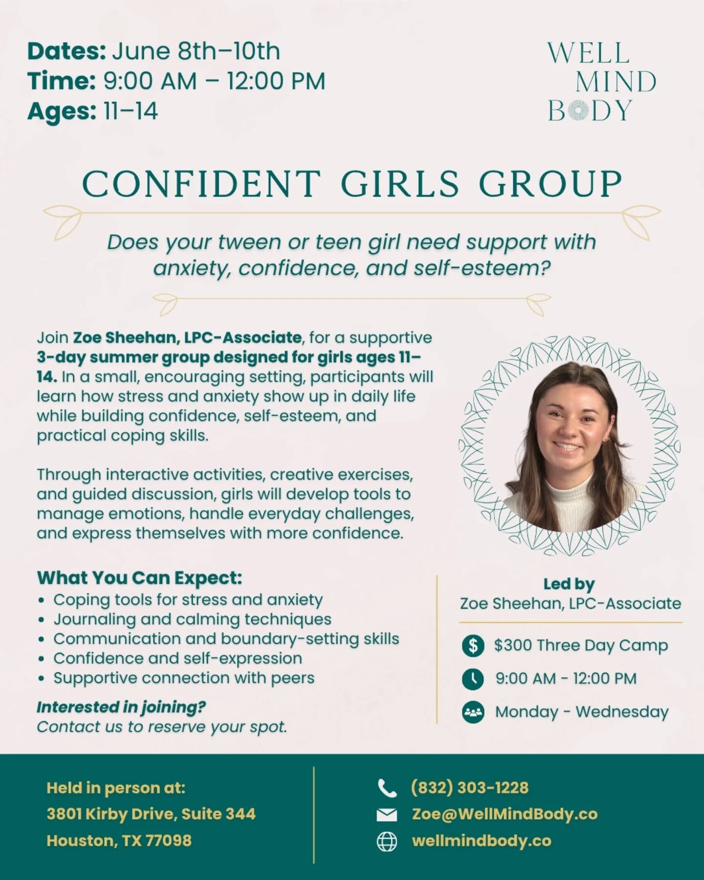 If your tween or teen girl has been feeling more anxious lately, or struggling with confidence, she&rsquo;s not alone and she doesn&rsquo;t have to figure it out on her own.

Our Confident Girls Group is a 3-day summer experience designed to help gir