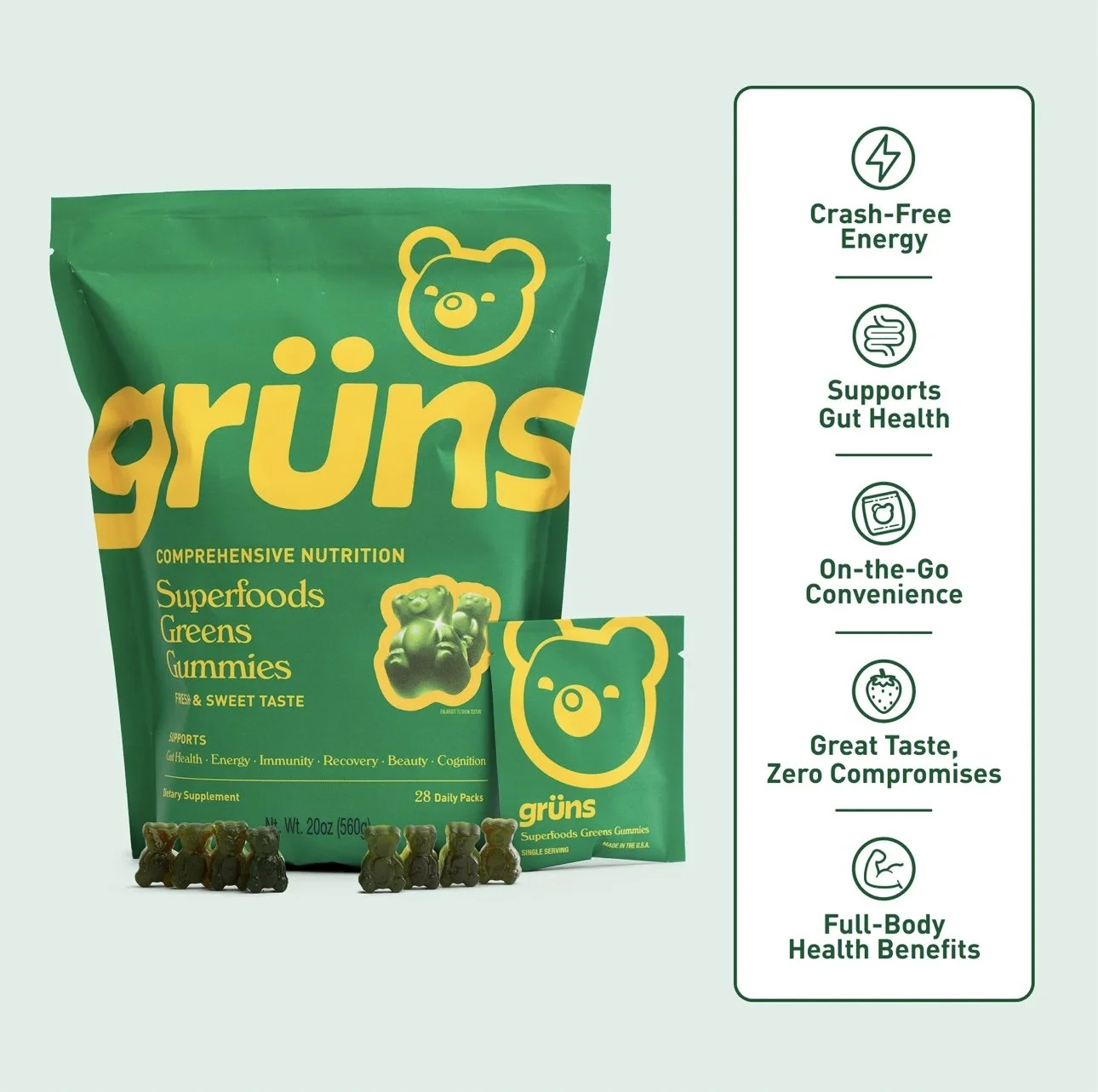 Green package of Grüns Superfoods Greens Gummies with yellow and green branding, complemented by a box of gummy bears and an informational side panel listing benefits like crash-free energy, gut health, convenience, taste, and health benefits.