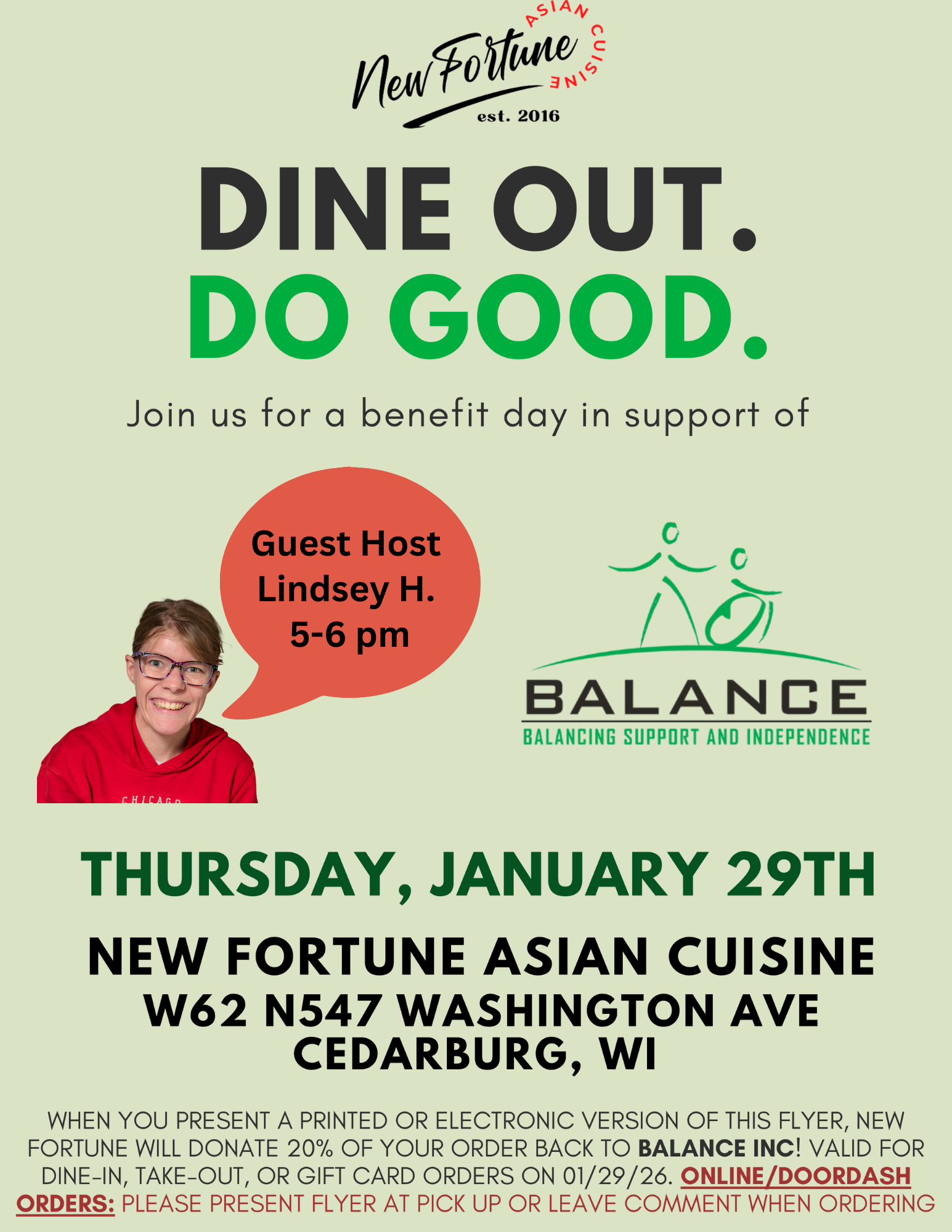 Dine to Donate at New Fortune with Guest Host Lindsey H. (Show this flyer to your server!)