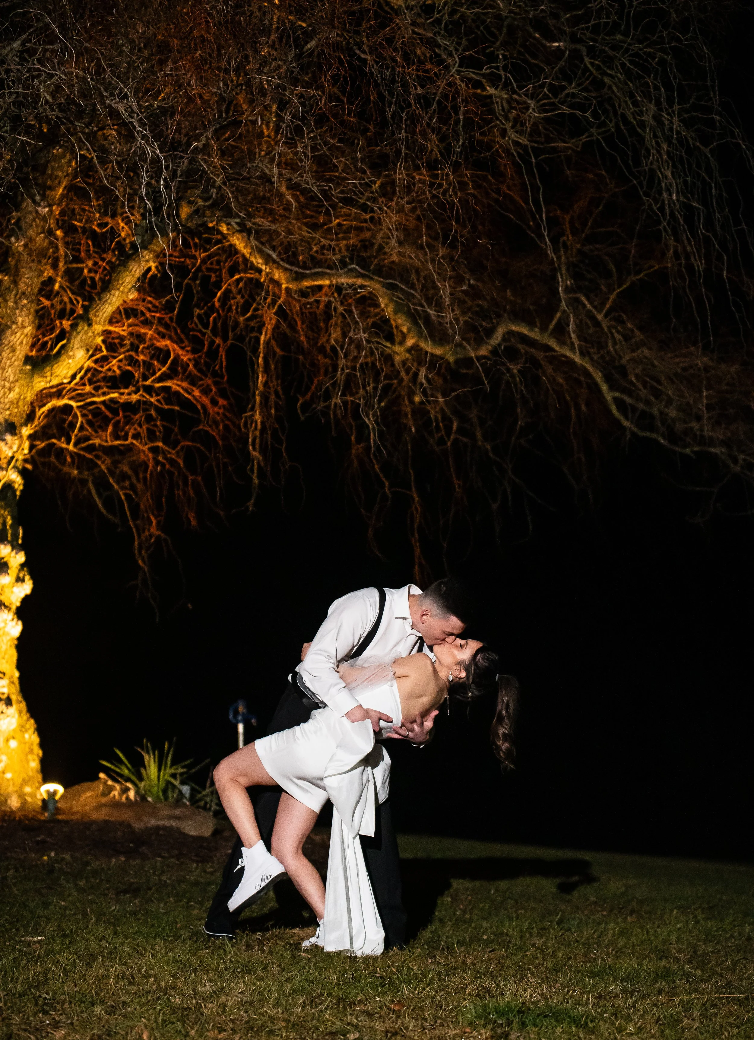A couple in formal attire sharing a kiss outdoors at night, with a large illuminated tree behind them.