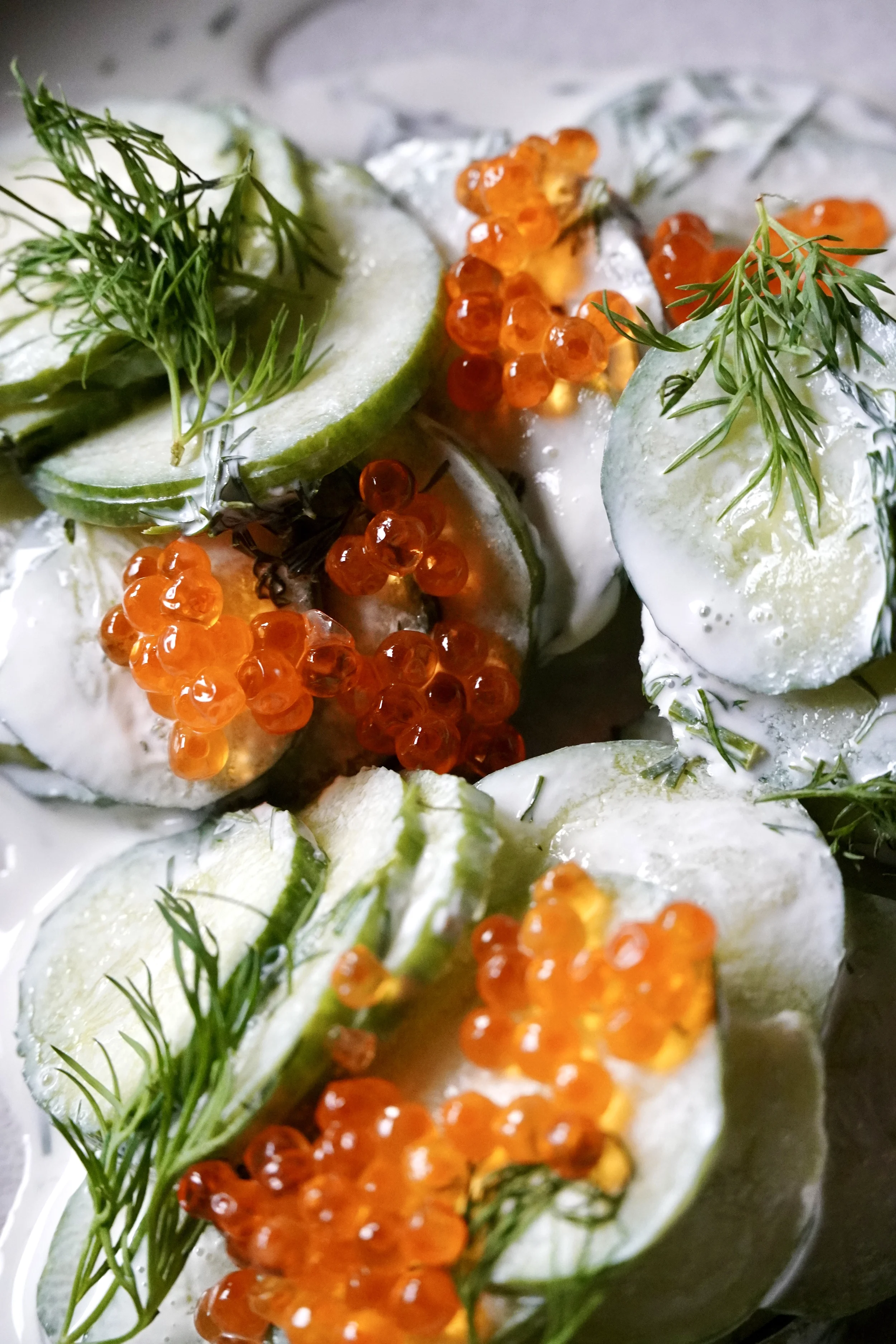 Close-up of a cucumber salad with fresh dill, citrus, and vibrant fish roe at Cork Restaurant in Stowe, Vermont, highlighting clean flavors, seasonal ingredients, and elegant presentation.