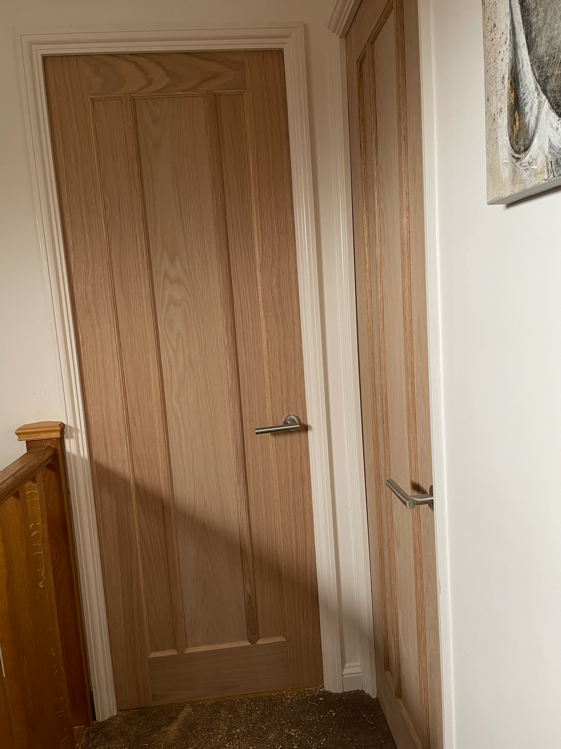 Wooden interior door with metal handle in a hallway.