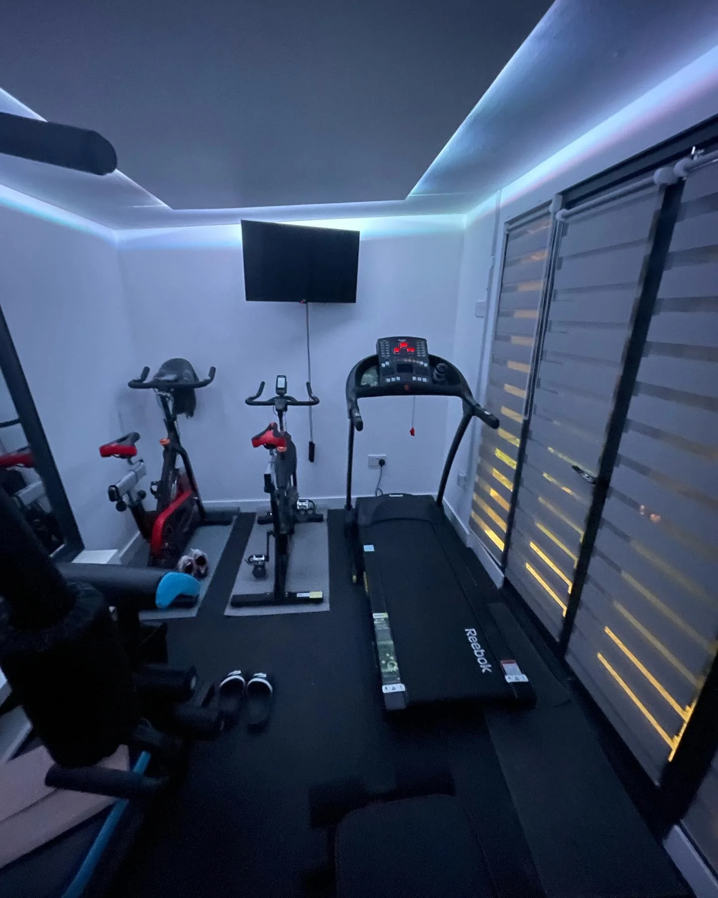 Home gym with treadmill, stationary bikes, wall-mounted TV, and roller blinds.