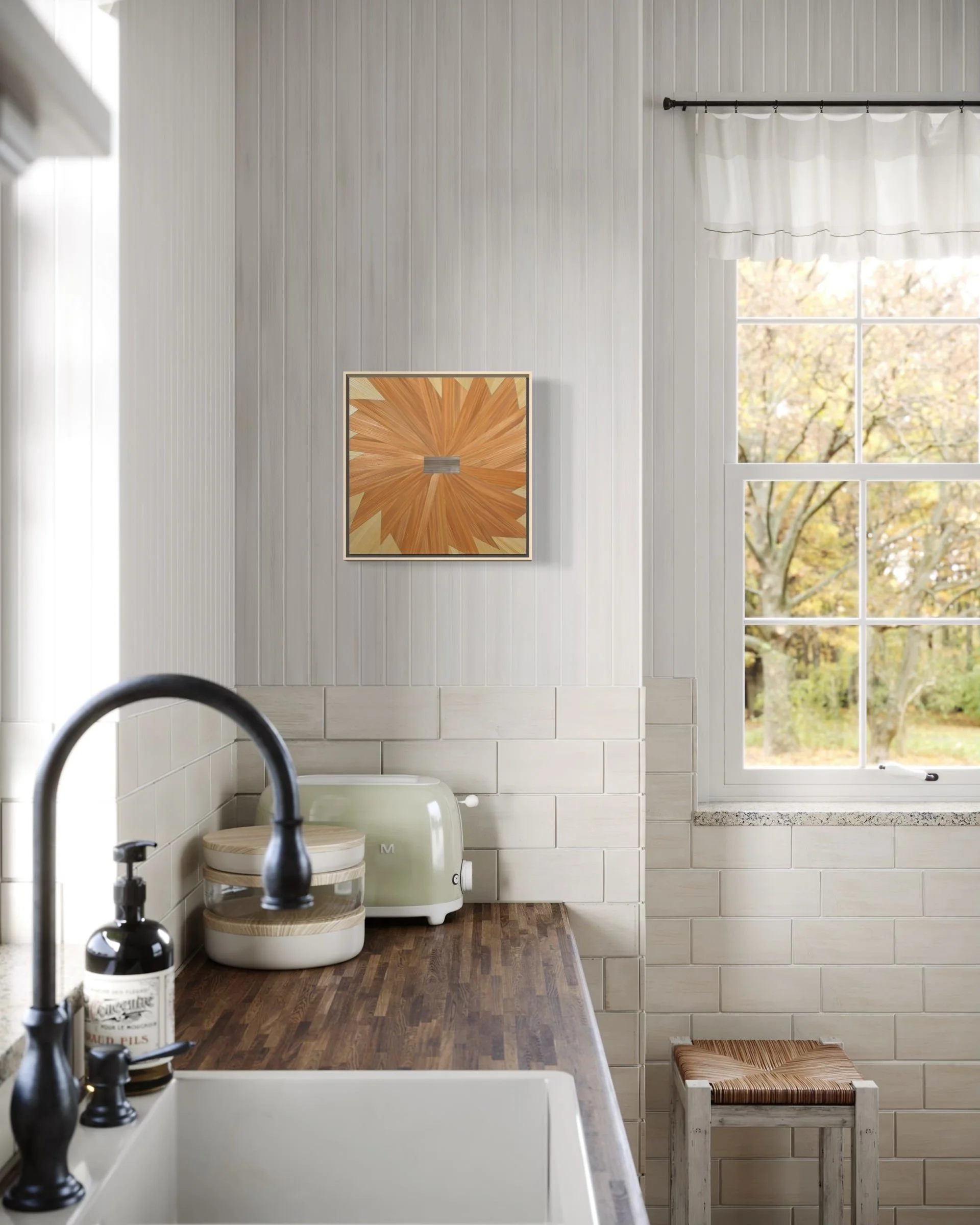 Small format abstract fine art shown in a contemporary kitchen. Floral-like motif. 12in x 12in