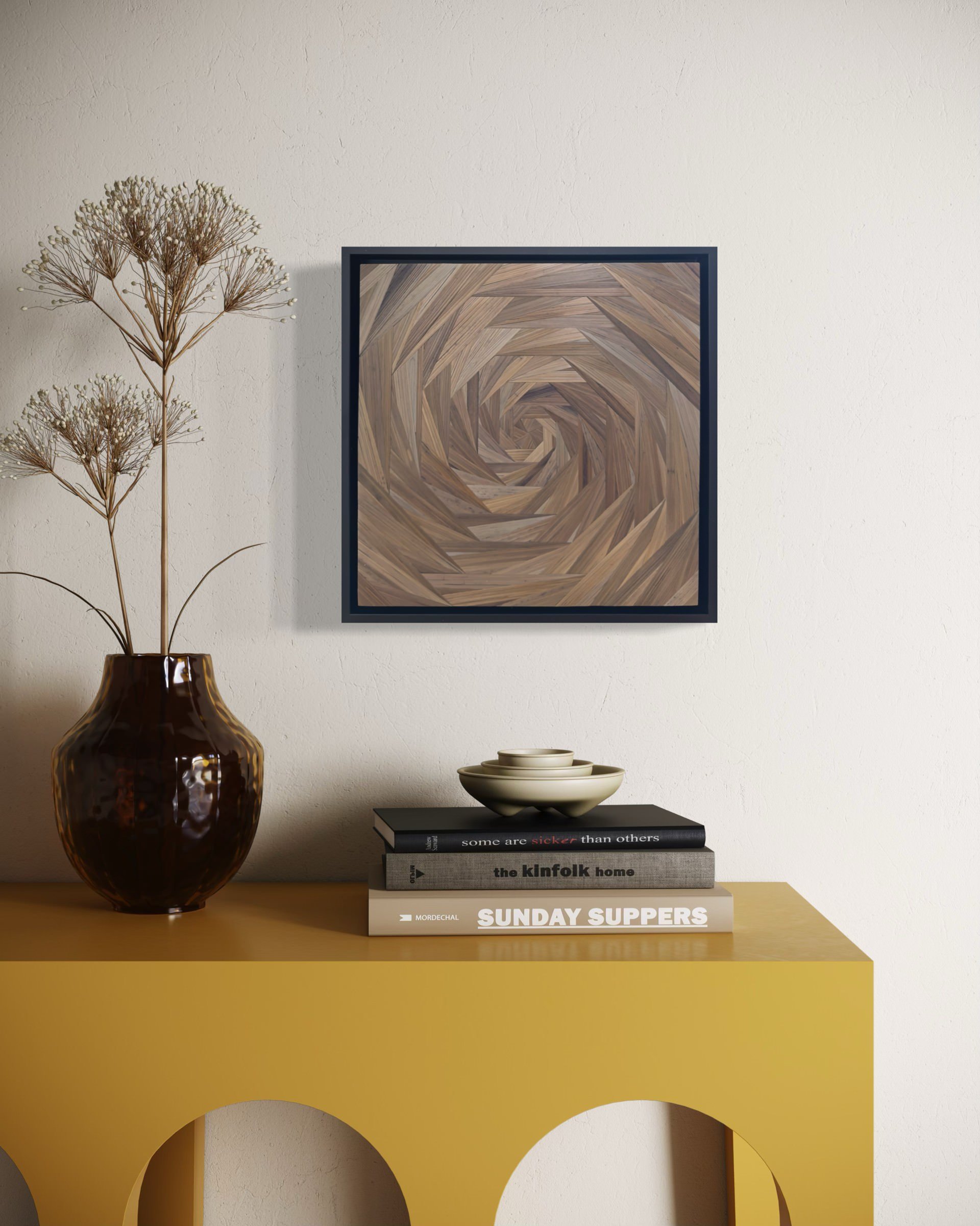 Abstract geometric straw marquetry panel in brown, shown in a contemporary interior setting | 12in x 12in
