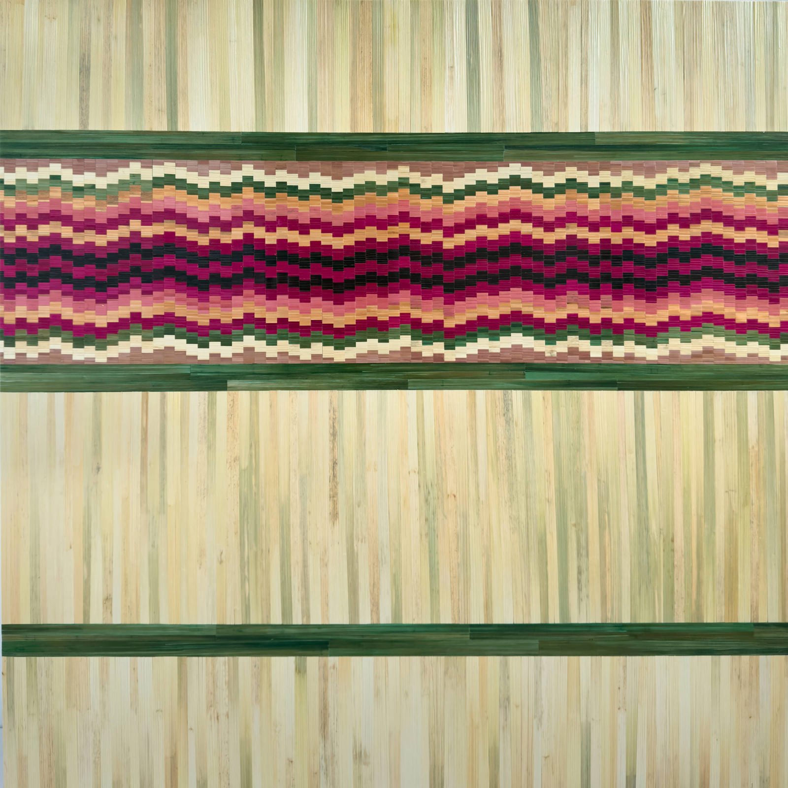 “Rich Inner Life #2” is a straw marquetry artwork featuring a natural beige expanse, intersected by a rhythmic band of deep wine, green, warm ochre, and soft blush tones. Handcrafted in the USA.