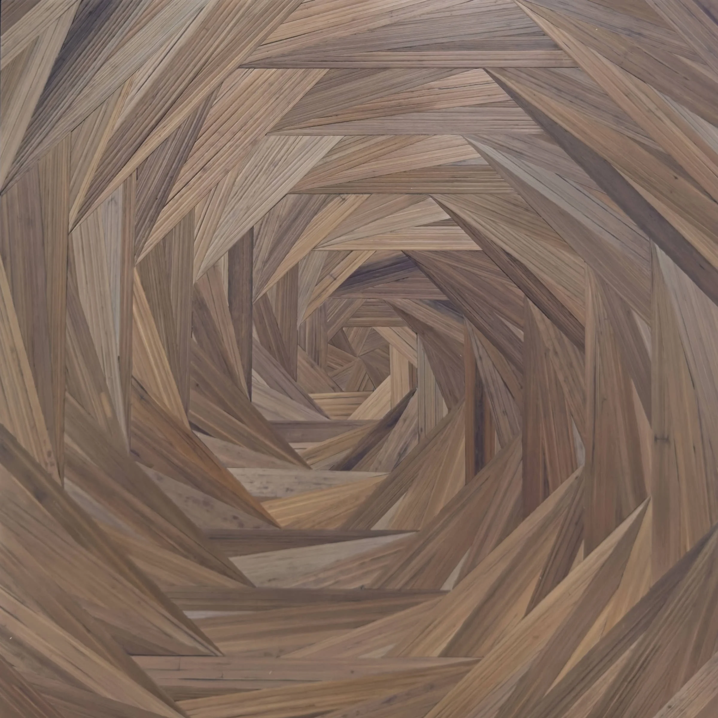 Small format straw marquetry fine art; abstract geometric octagonal spiral; brown; 12x12in