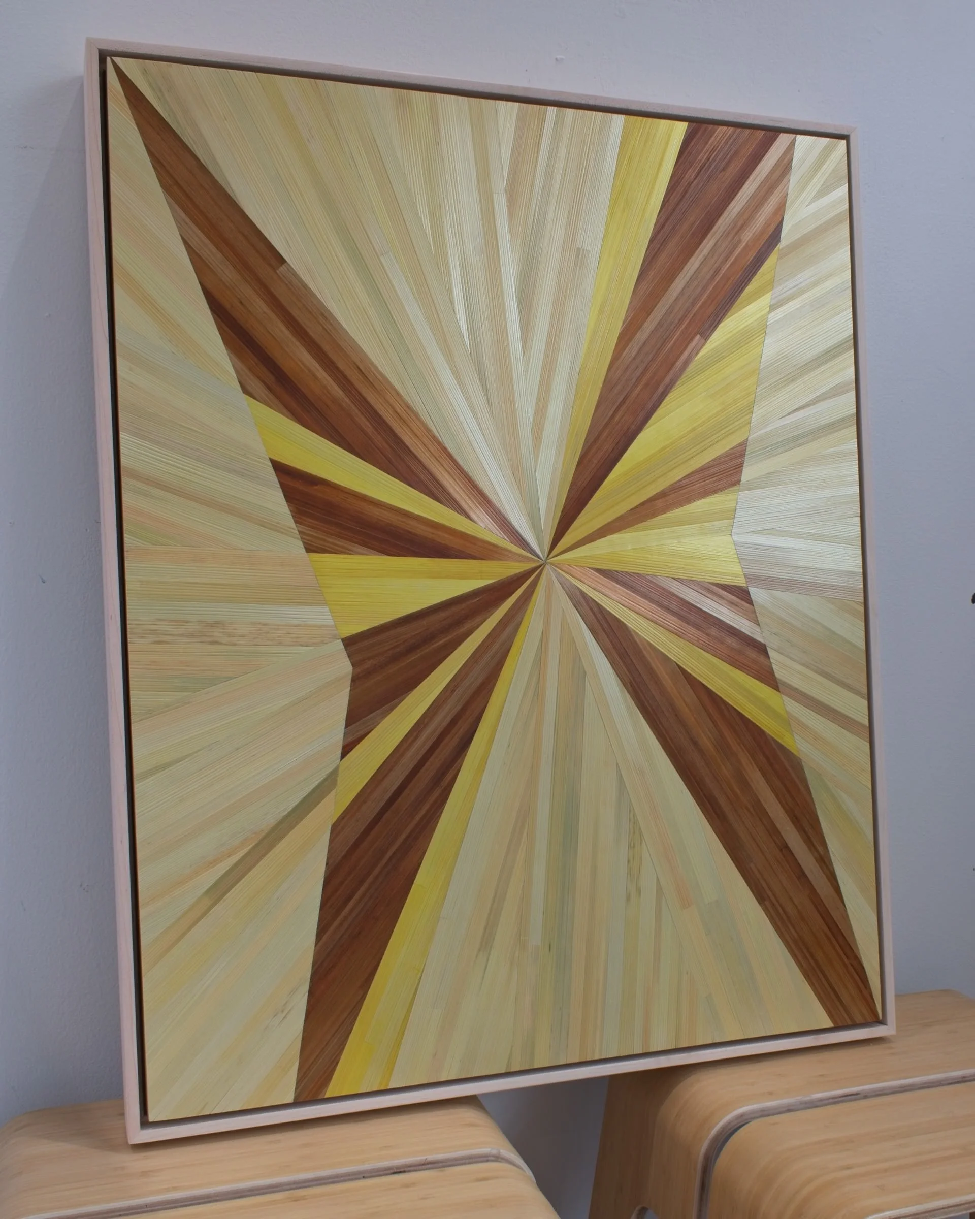 Contemporary straw marquetry fine art, reminiscent of butterfly wings, in yellow, brown and beige. Float framed in maple 30x24in