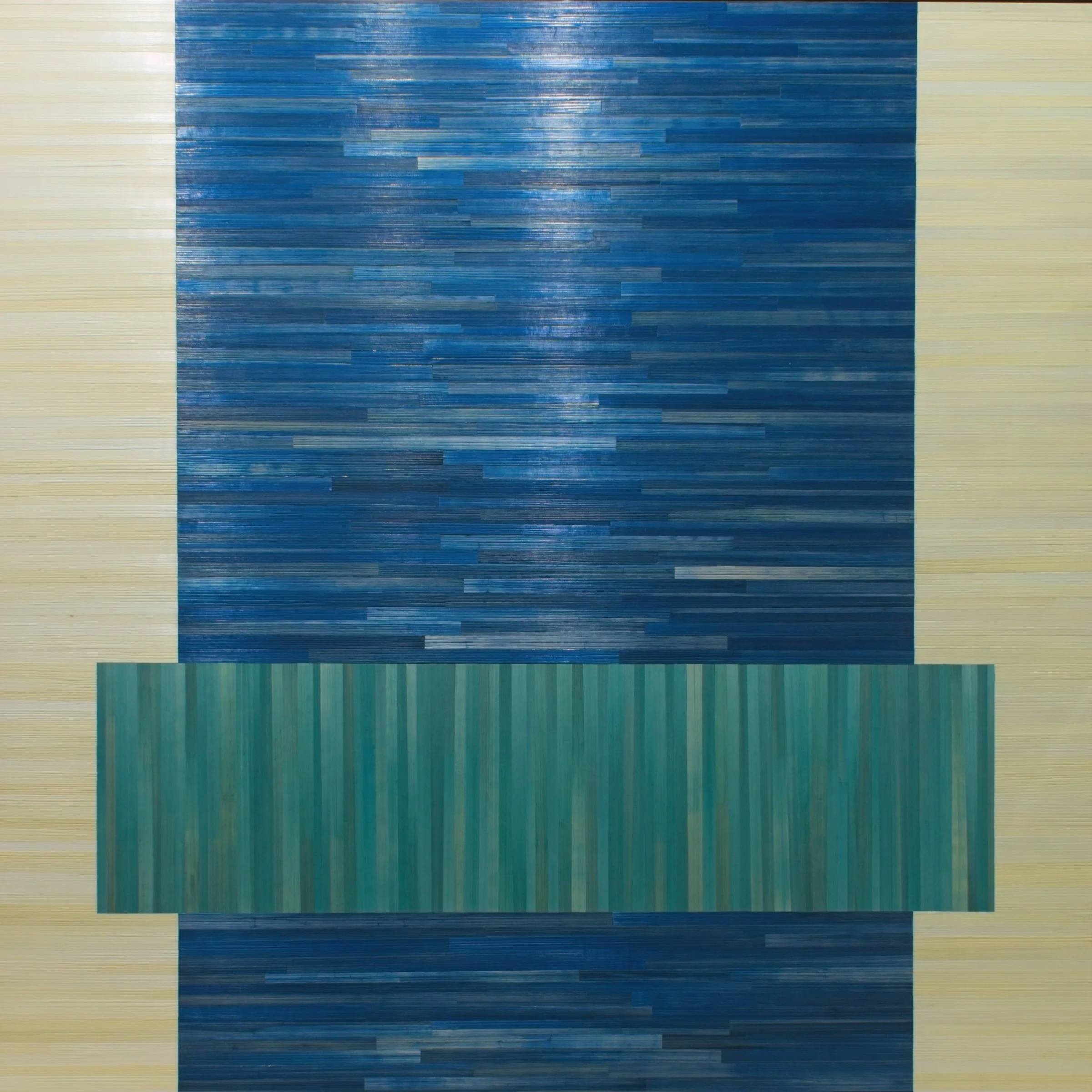 Straw marquetry fine art in blue and teal. Bold color blocks define this contemporary piece.