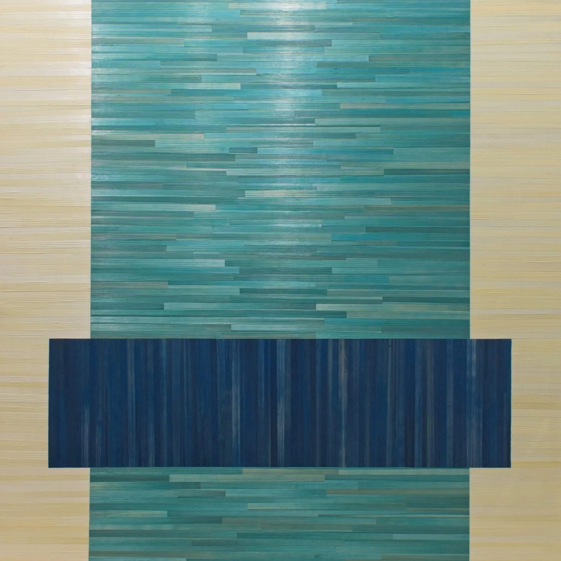 Large 40in x 40in straw marquetry artwork in blue and teal. Bold rectangular color fields define the piece.