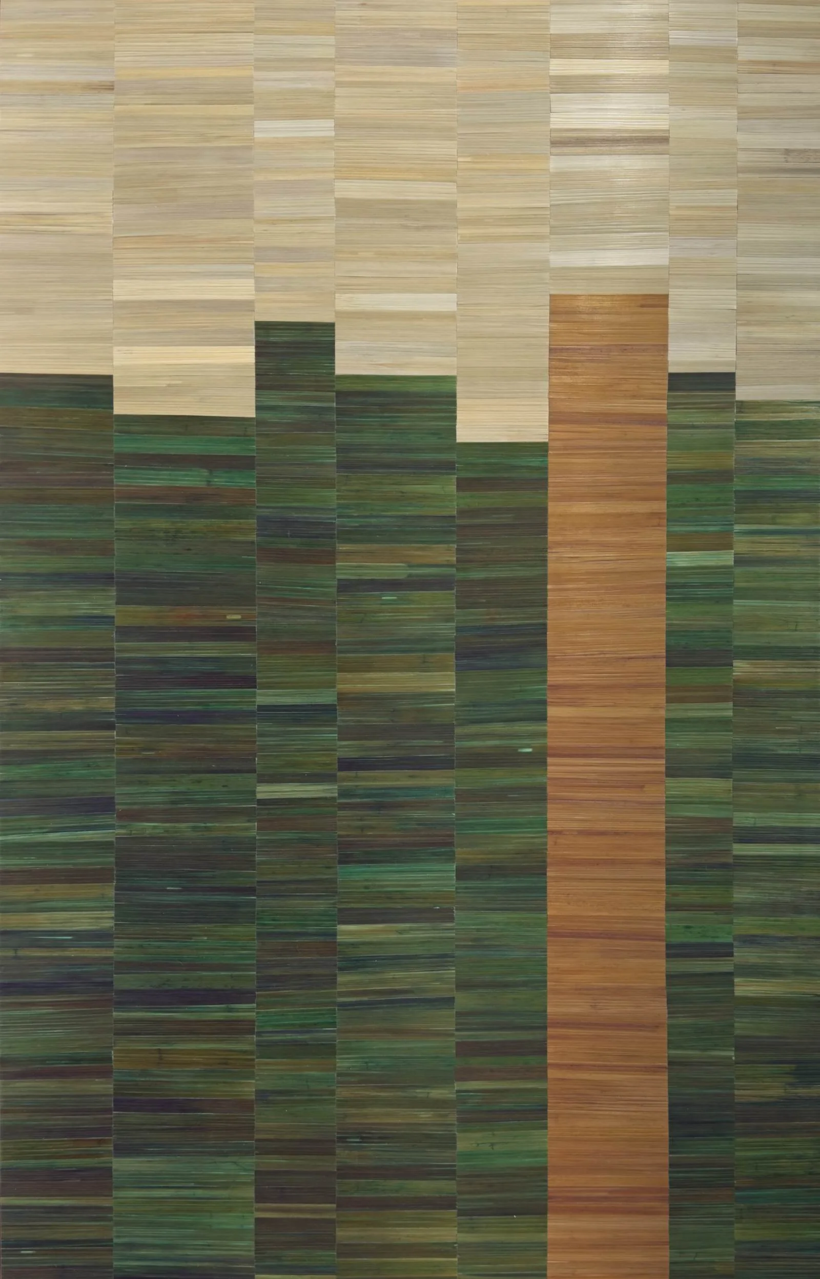 Contemporary abstract straw marquetry artwork on wood panel with textural geometric vertical columns of olive green, beige, and gold hand-dyed rye straw, 36x24in