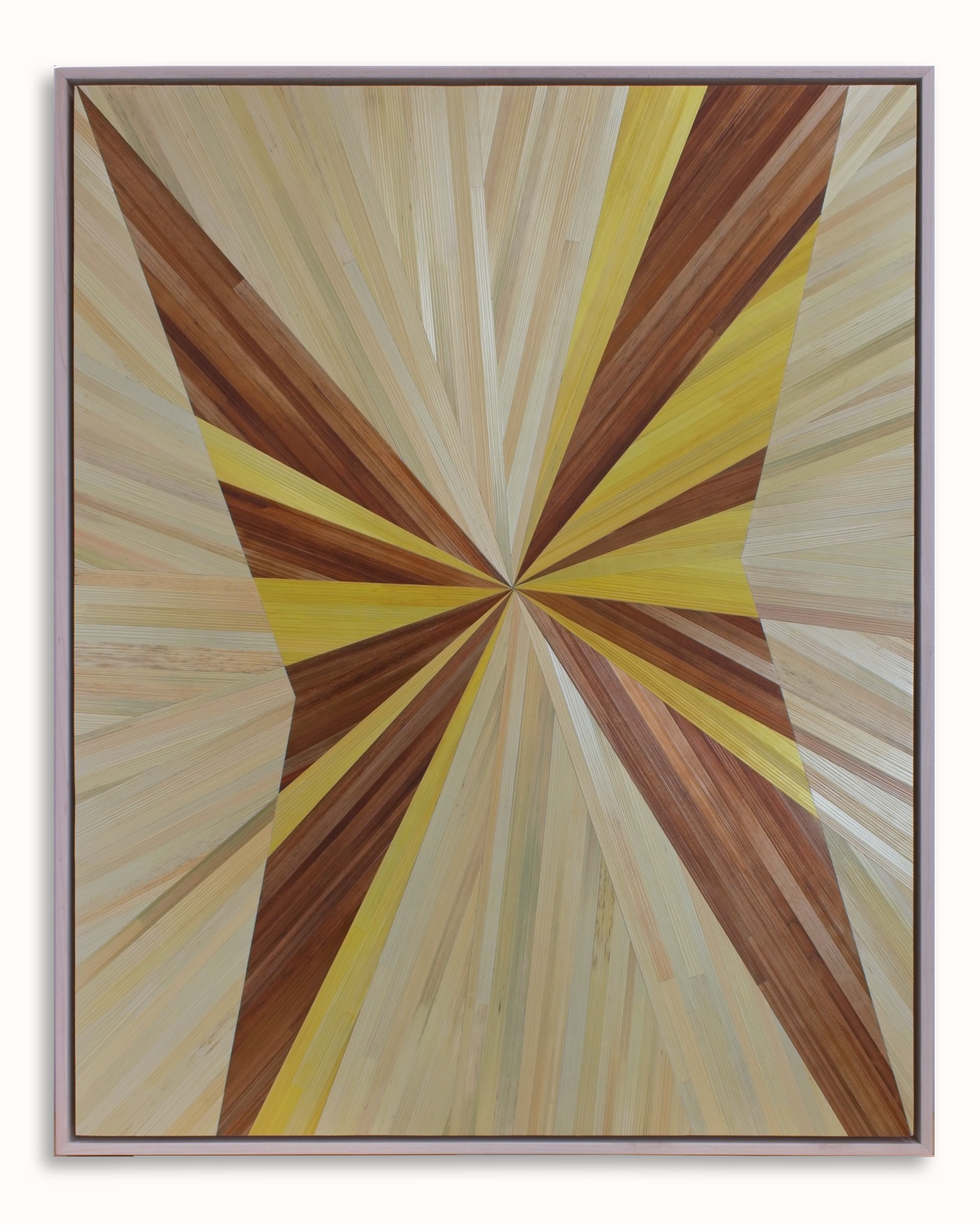 Contemporary abstract fine art straw marquetry in dyed yellow, brown, and beige rye straw with radial burst composition reminiscent of butterfly wings, float framed in maple, 30 × 24 inches