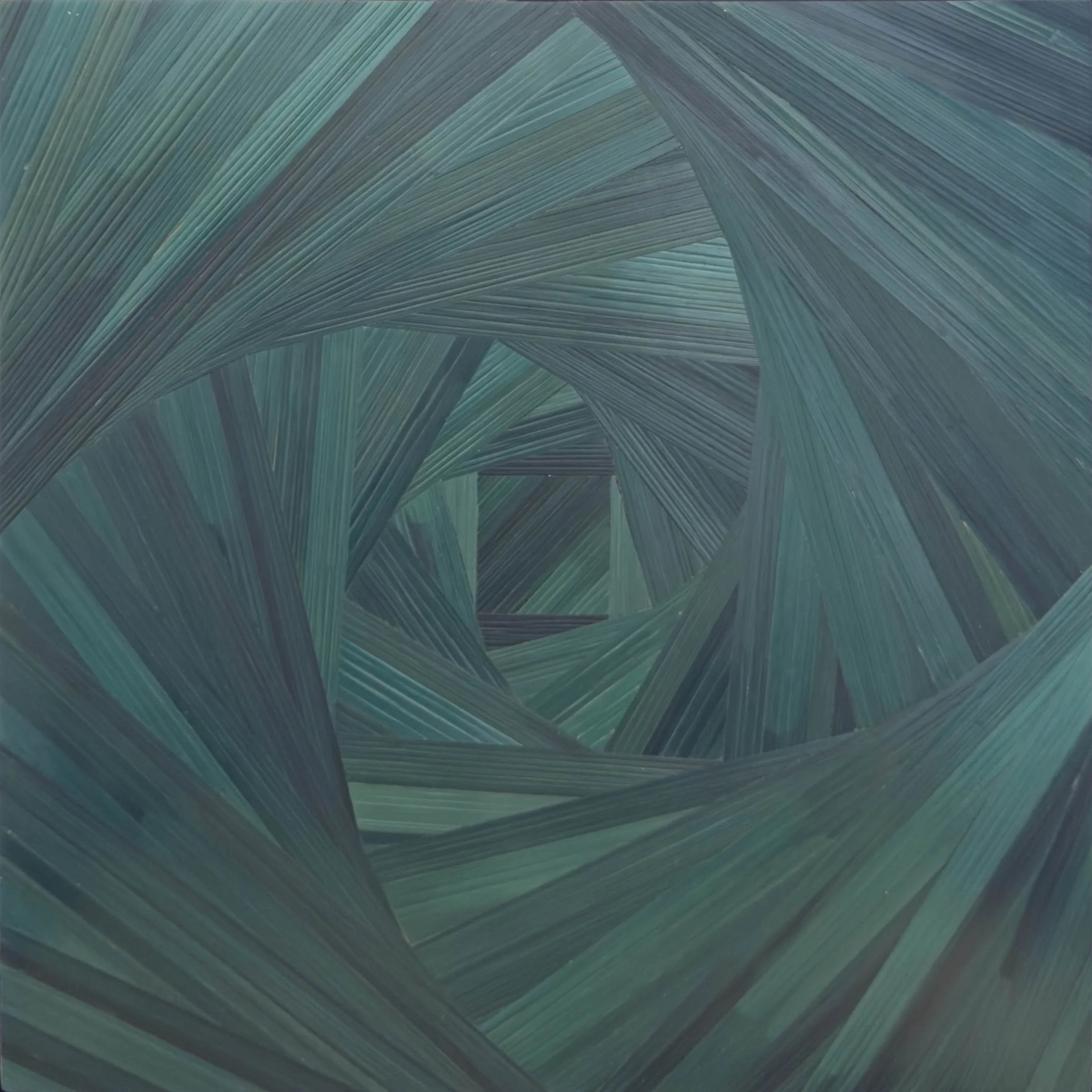 Abstract geometric straw marquetry fine artwork in emerald green spiral pattern | 12in x 12in