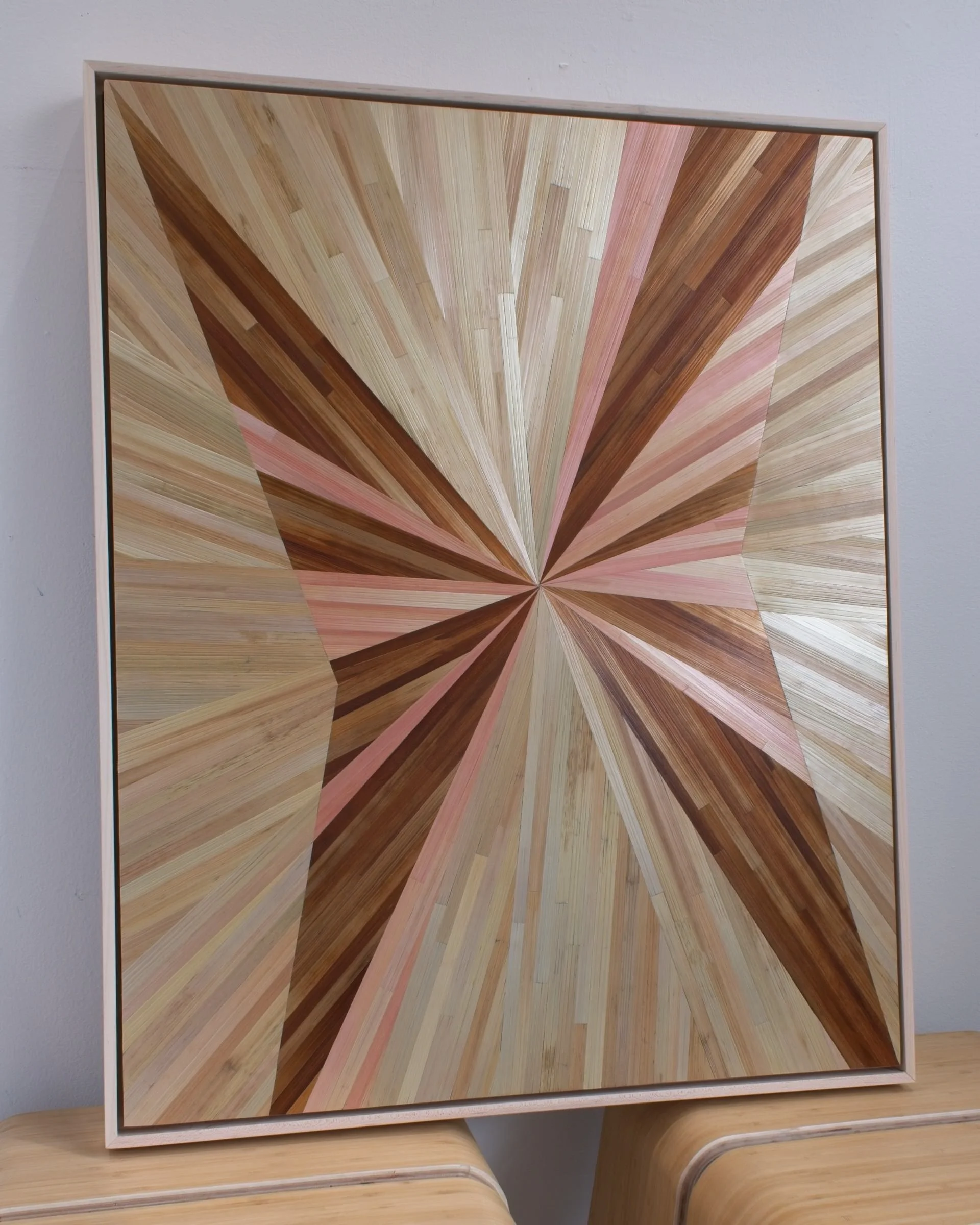 Contemporary straw marquetry fine art, reminiscent of butterfly wings, in pink brown and beige. Float framed in maple 30x24in