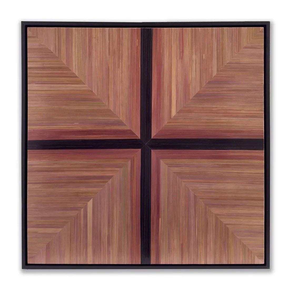 "A Glimpse into the Aether" — straw marquetry wall art by Sarah Schwartz, featuring a geometric four-quadrant design in warm rose tones with a bold dark cross, now on view at Front Four Gallery in Stowe, Vermont.