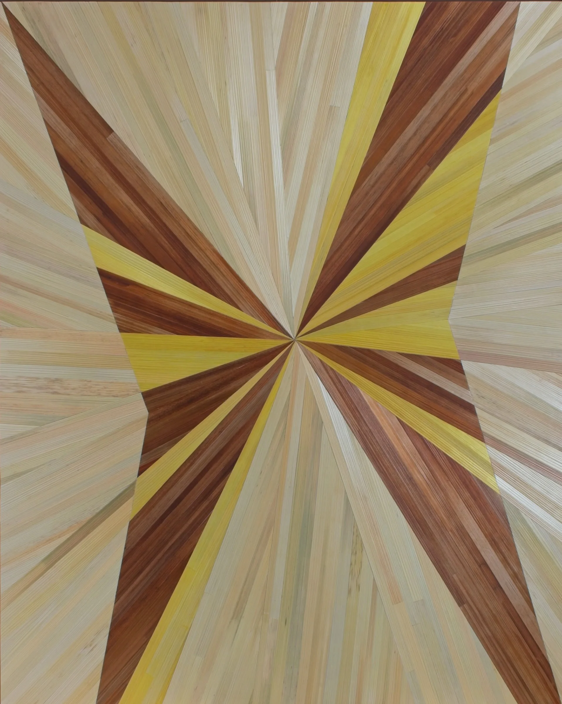 Straw marquetry artwork, abstract radial burst composition, reminiscent of butterfly wings, in dyed yellow, brown, and beige straw, 30 × 24 inches. Contemporary abstract fiber art by Sarah Schwartz
