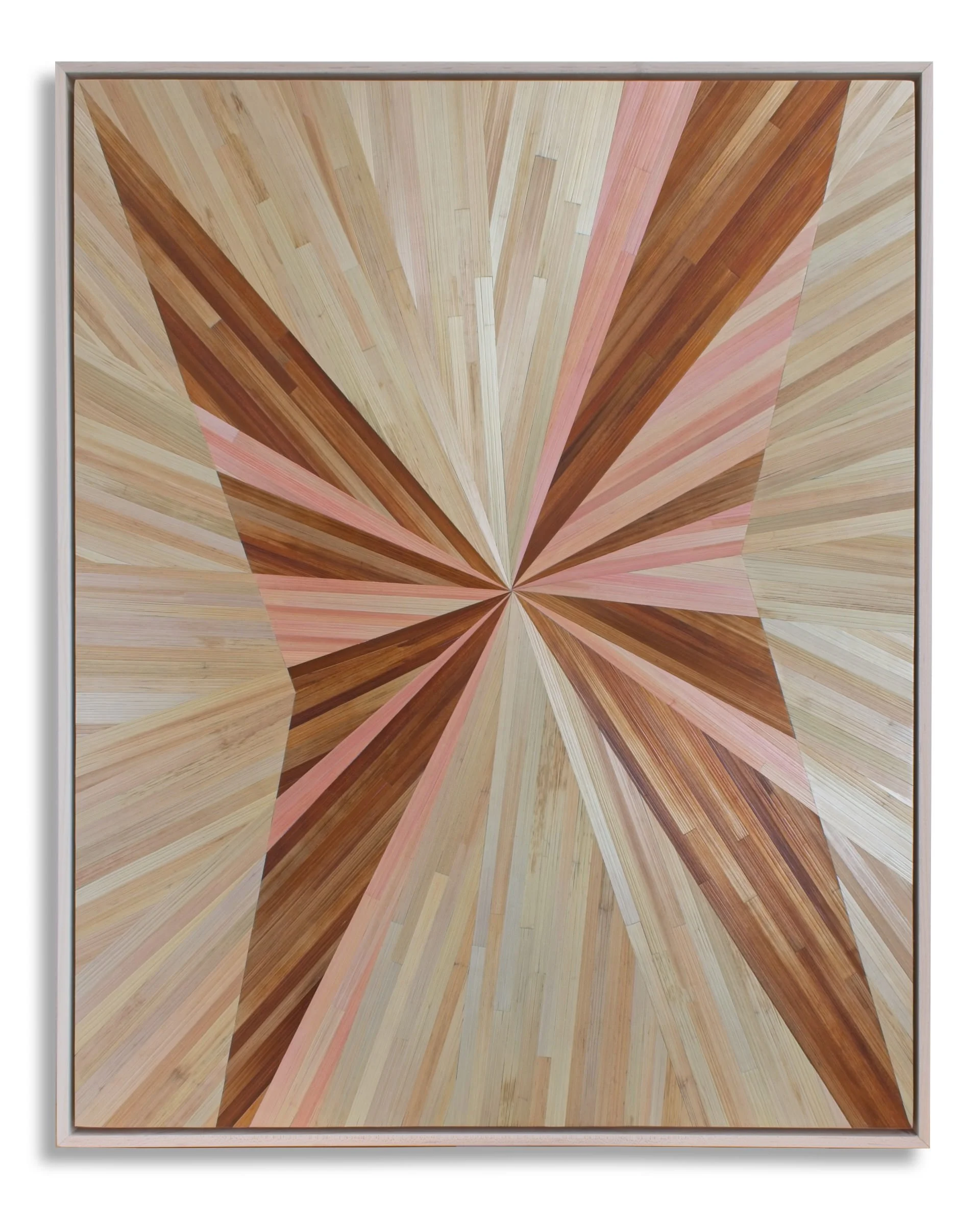 Contemporary abstract fine art straw marquetry in dyed pink, brown, and beige rye straw with radial burst composition reminiscent of butterfly wings, float framed in maple, 30 × 24 inches