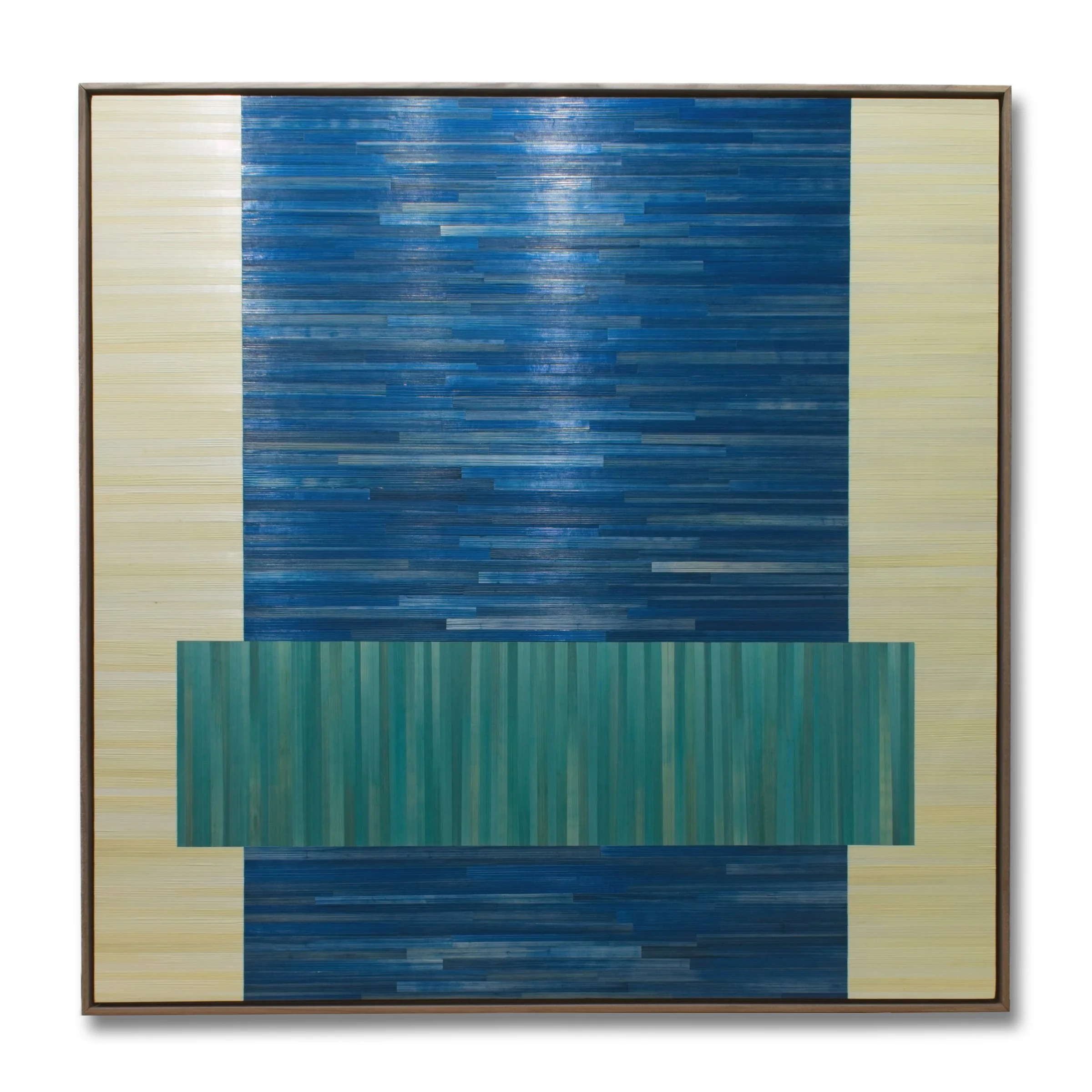 Contemporary abstract geometric straw marquetry artwork with bold color blocks in blue and teal. 40in x 40in
