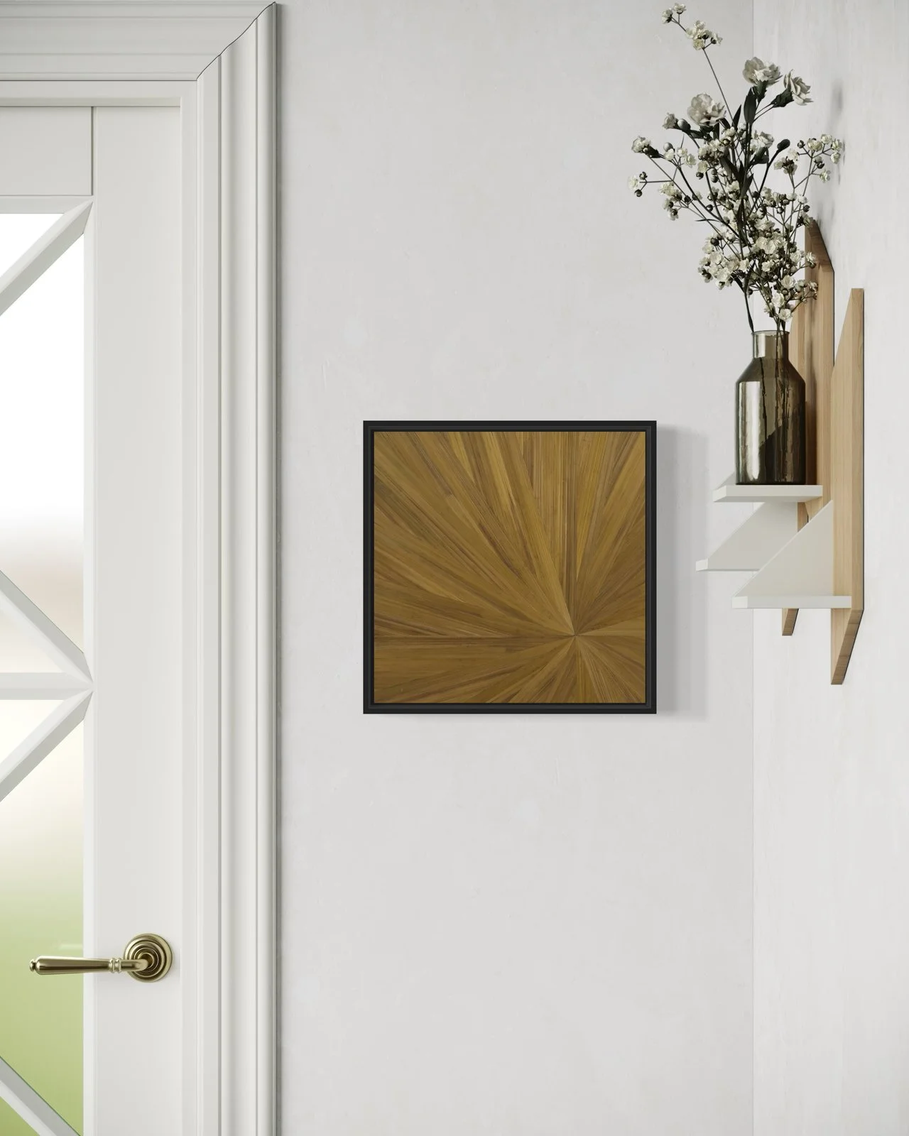 Contemporary abstract straw marquetry artwork shown in a luminous radial pattern in gold. 12in x 12in
