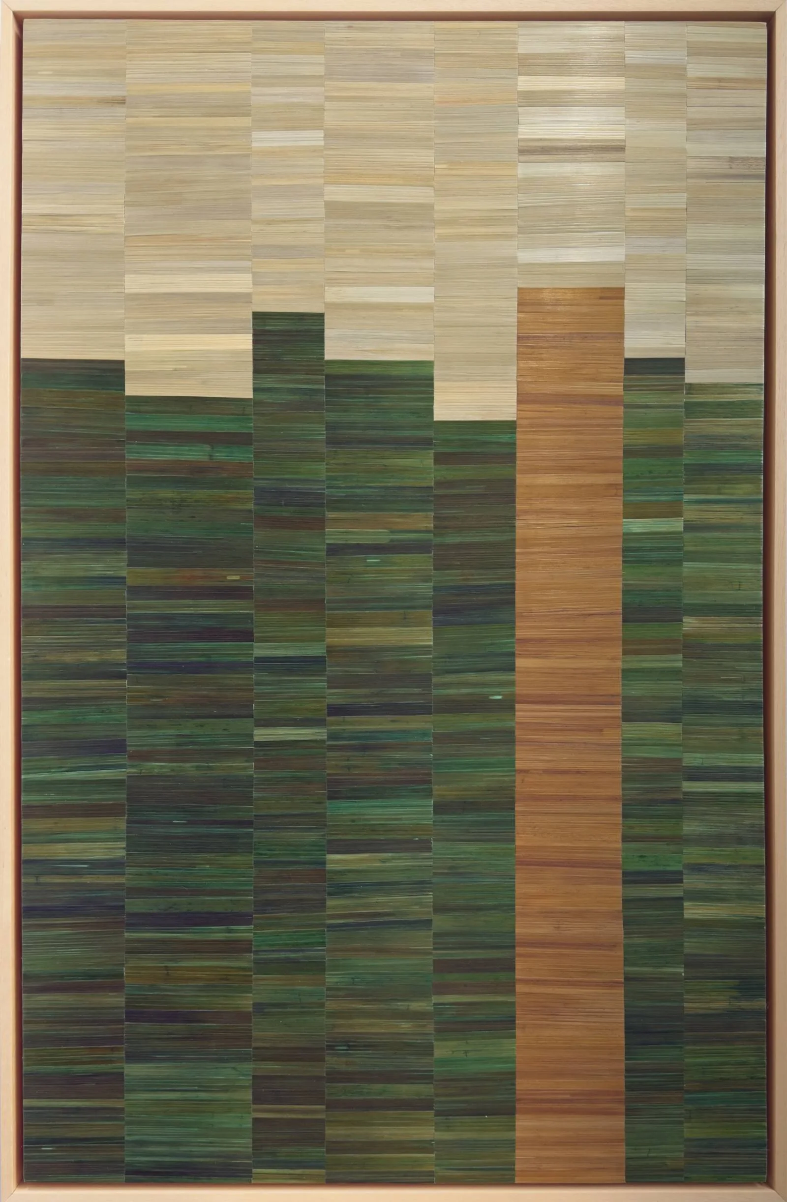 Contemporary abstract straw marquetry artwork float framed in maple, with asymmetric textural geometric vertical columns of olive green, beige, and gold hand-dyed rye straw, 36x24in