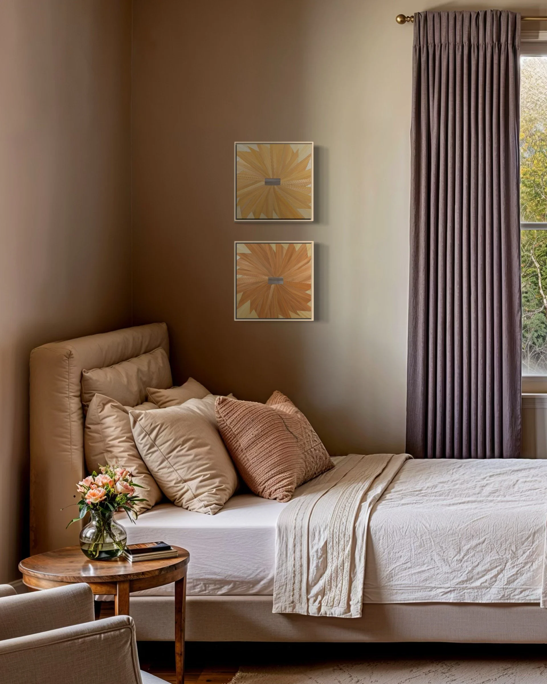 Straw marquetry works Pinwheel 1 and 2 hung in a contemporary bedroom; orange, yellow -- organic and floral