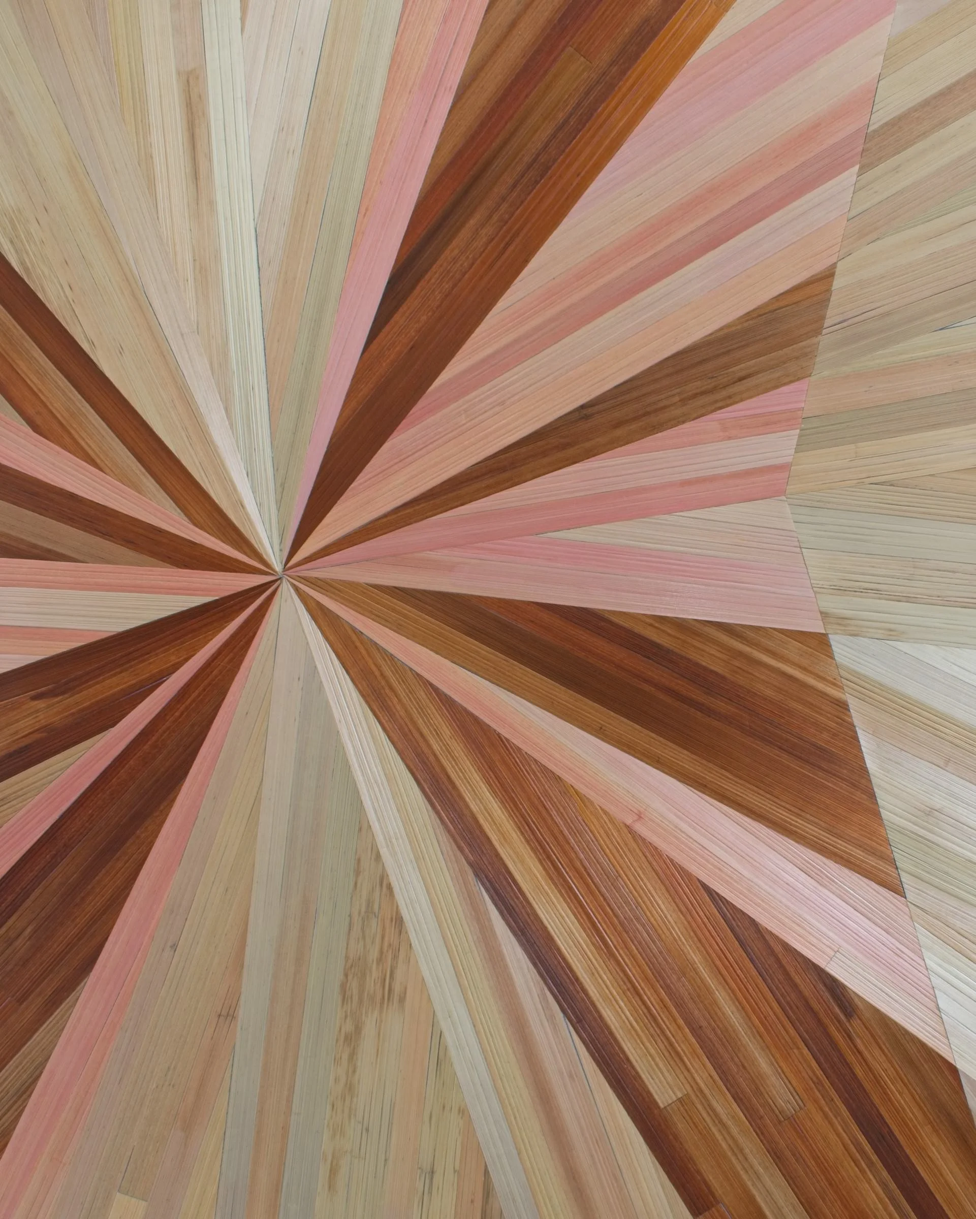 Close-up detail of hand-dyed rye straw marquetry showing individual straw elements, organic texture, and warm pink, brown, and beige tones — fine art straw marquetry by Sarah Schwartz