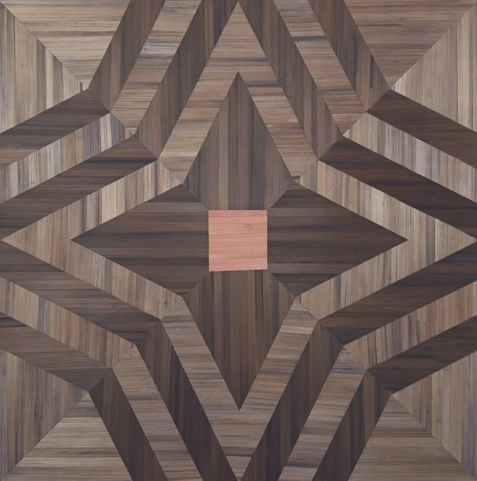 Abstract geometric straw marquetry artwork in star composition with palette of pink, brown, and gray. Luminous texture. 24x24in