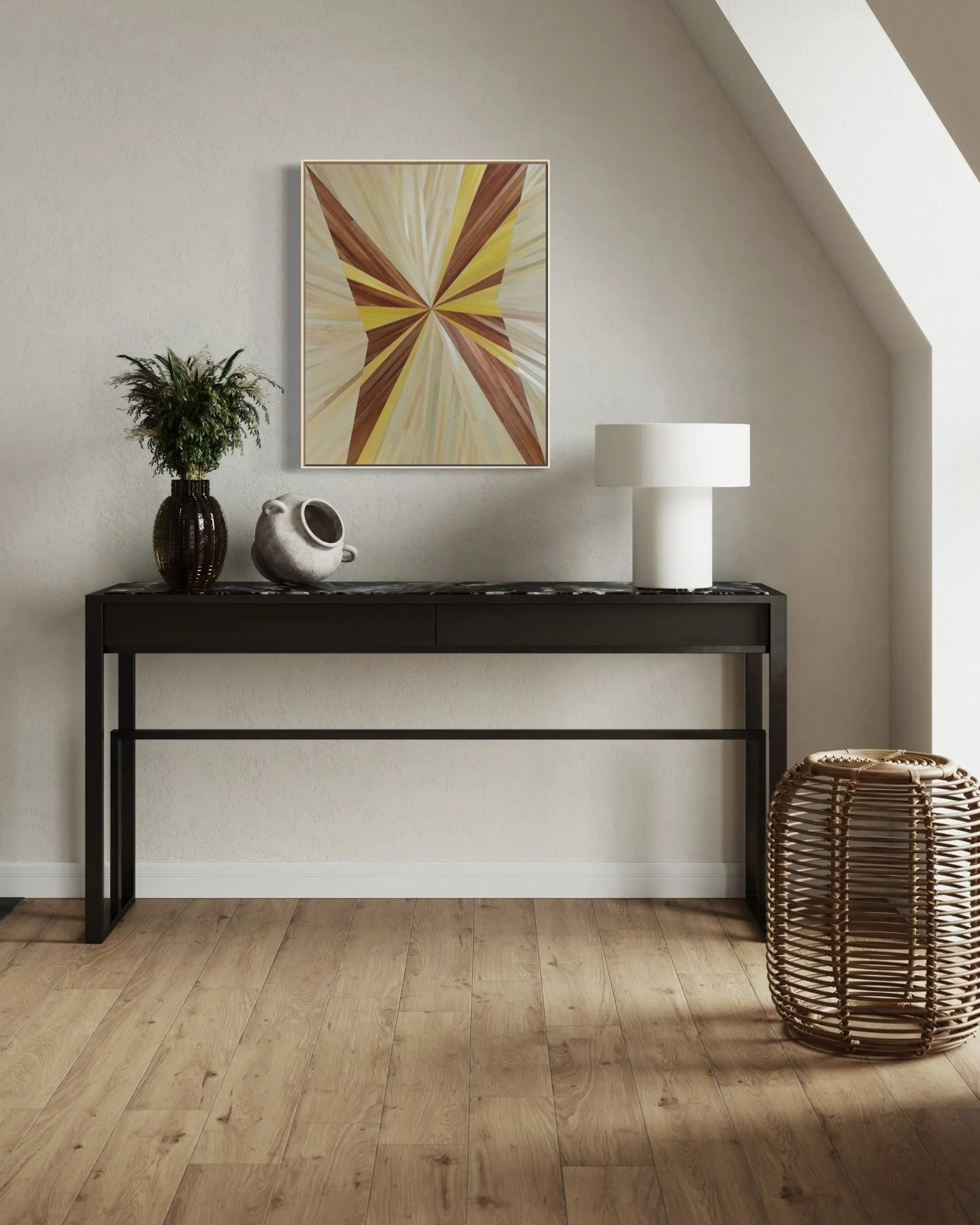 Abstract straw marquetry fine art, in yellow and brown, displayed in a contemporary loft, 30x24in