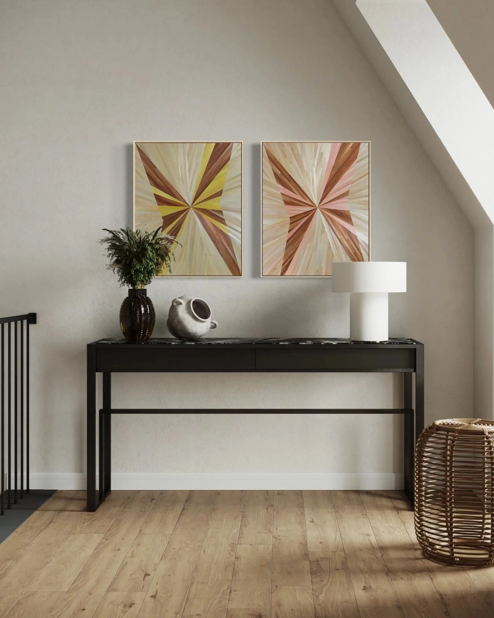 Abstract straw marquetry artwork reminiscent of butterflies hung side by side in modern loft. Pink, brown, yellow, neutral.