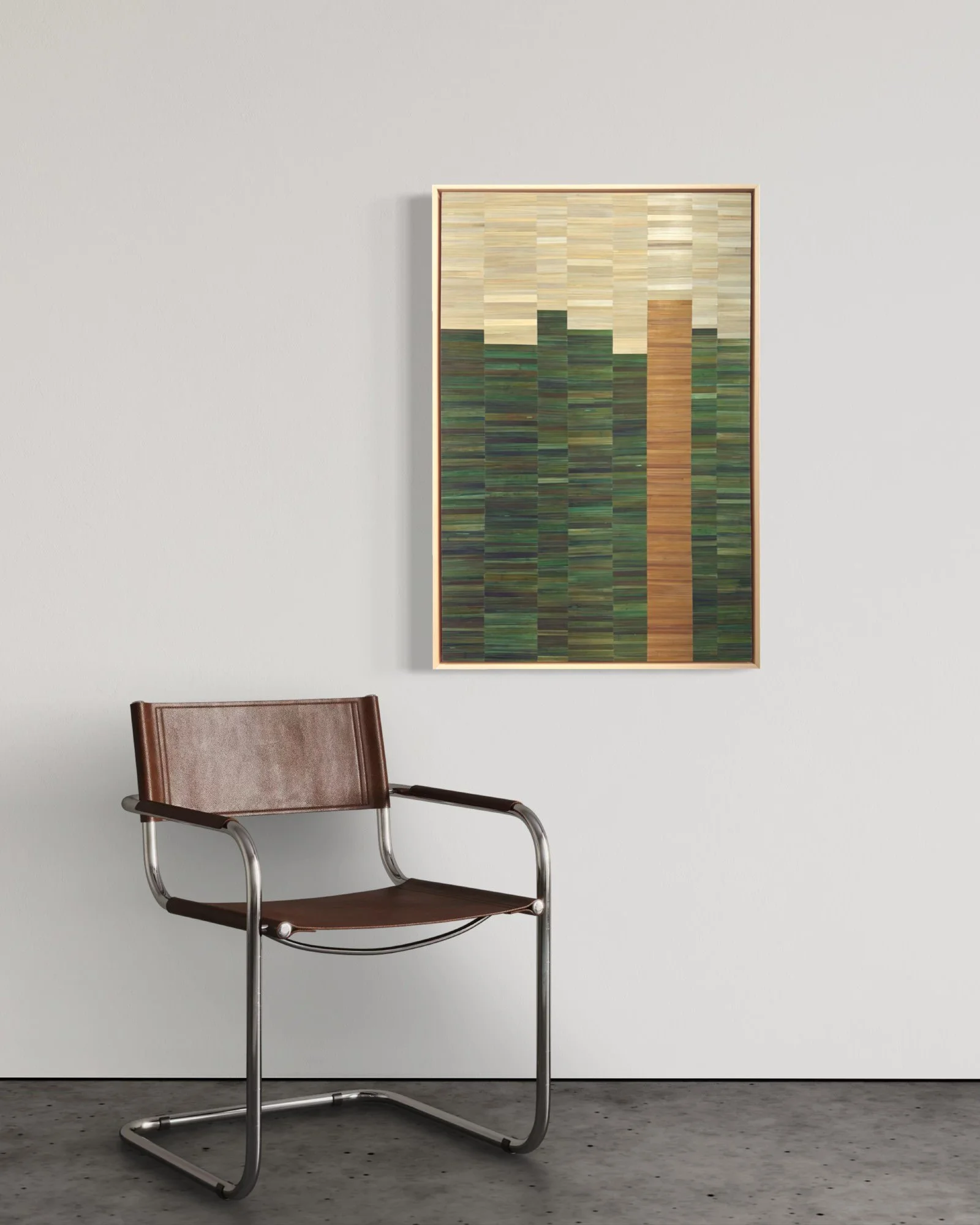 Straw marquetry artwork "It Was Always There" installed in a modern interior, showing textural geometric composition in gold, olive green, and beige