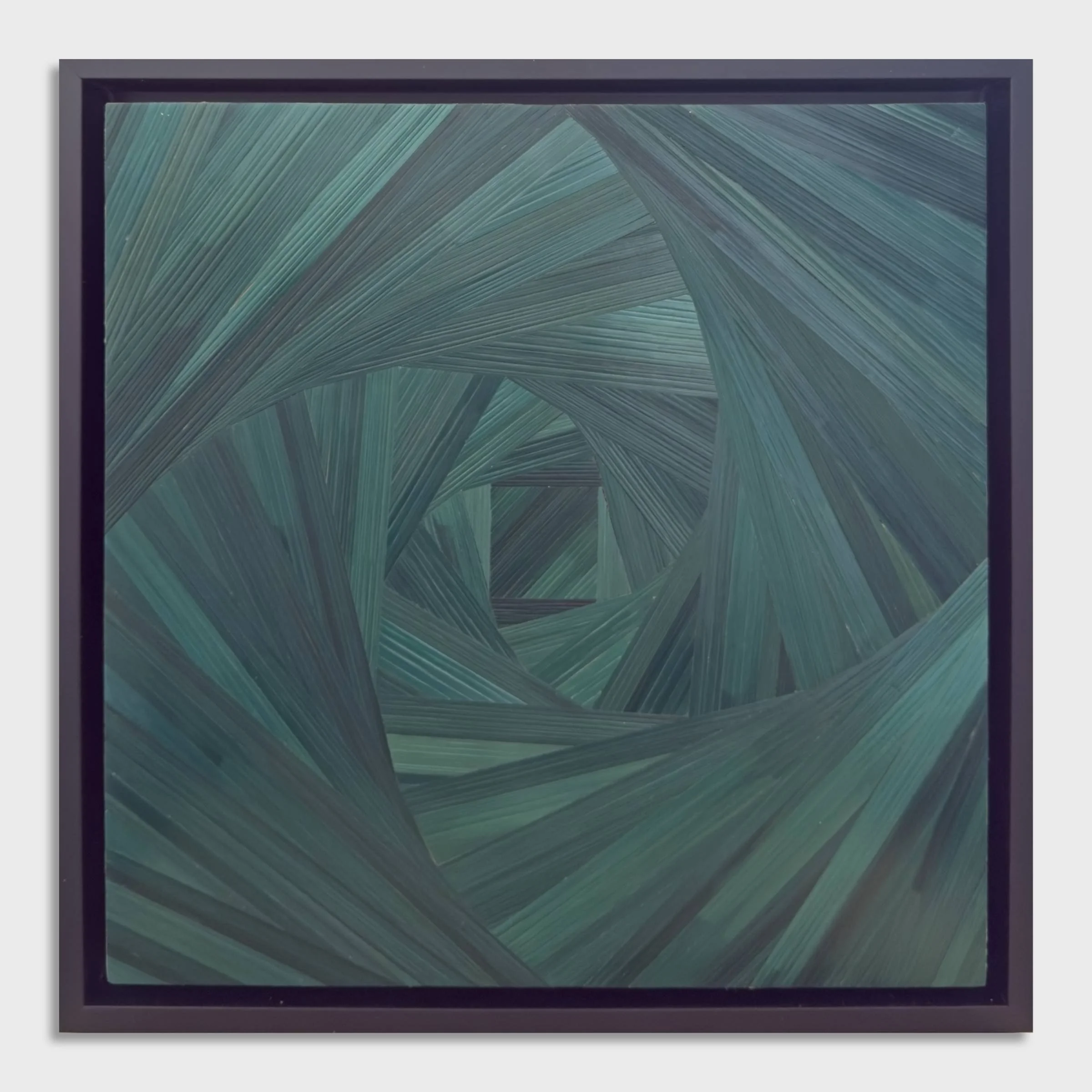 Straw marquetry wall panel, square spiral composition in deep emerald green rye straw on wood, in a black float frame, 12 × 12 inches