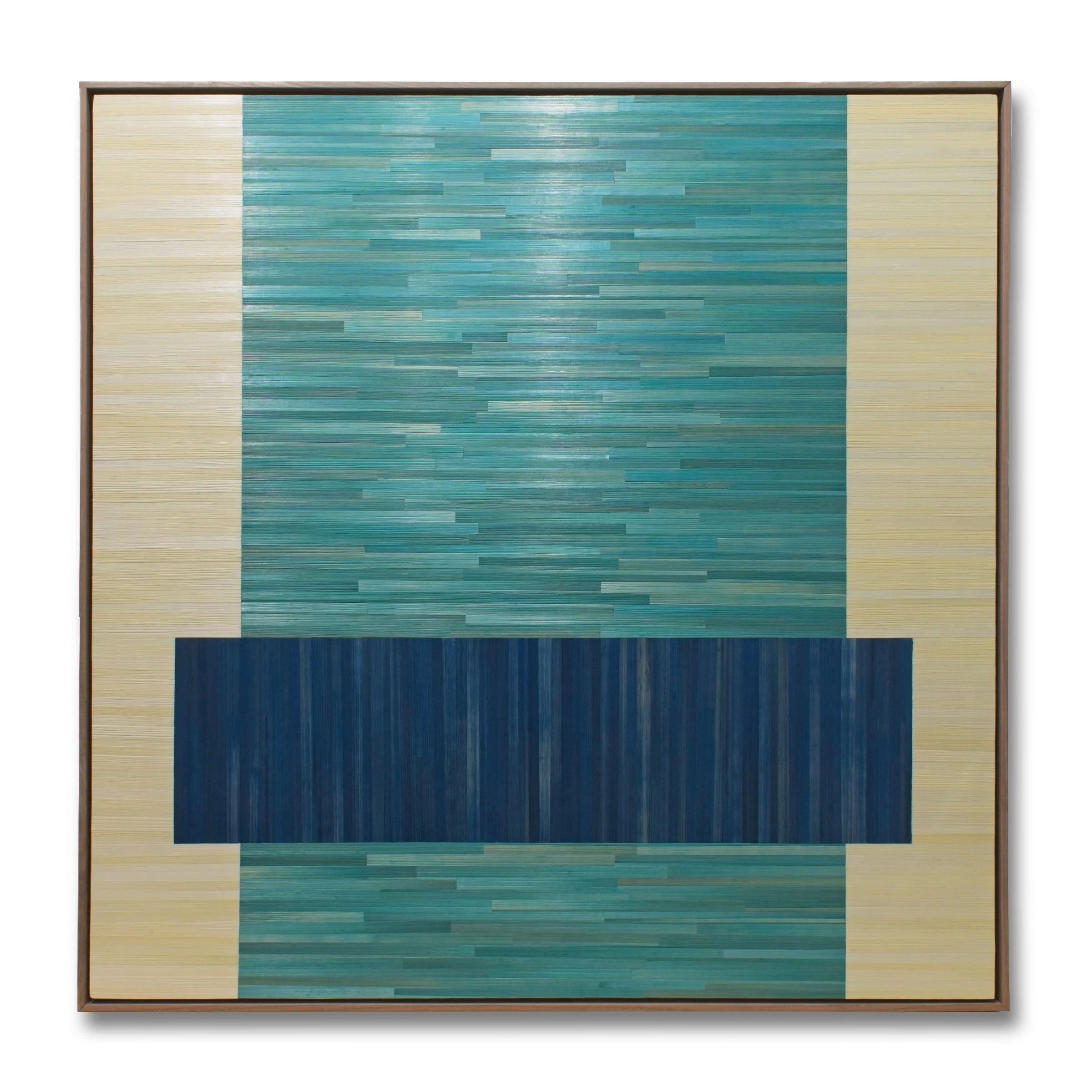 Contemporary abstract geometric straw marquetry artwork with large rectangular color fields of blue and teal. 40x40in