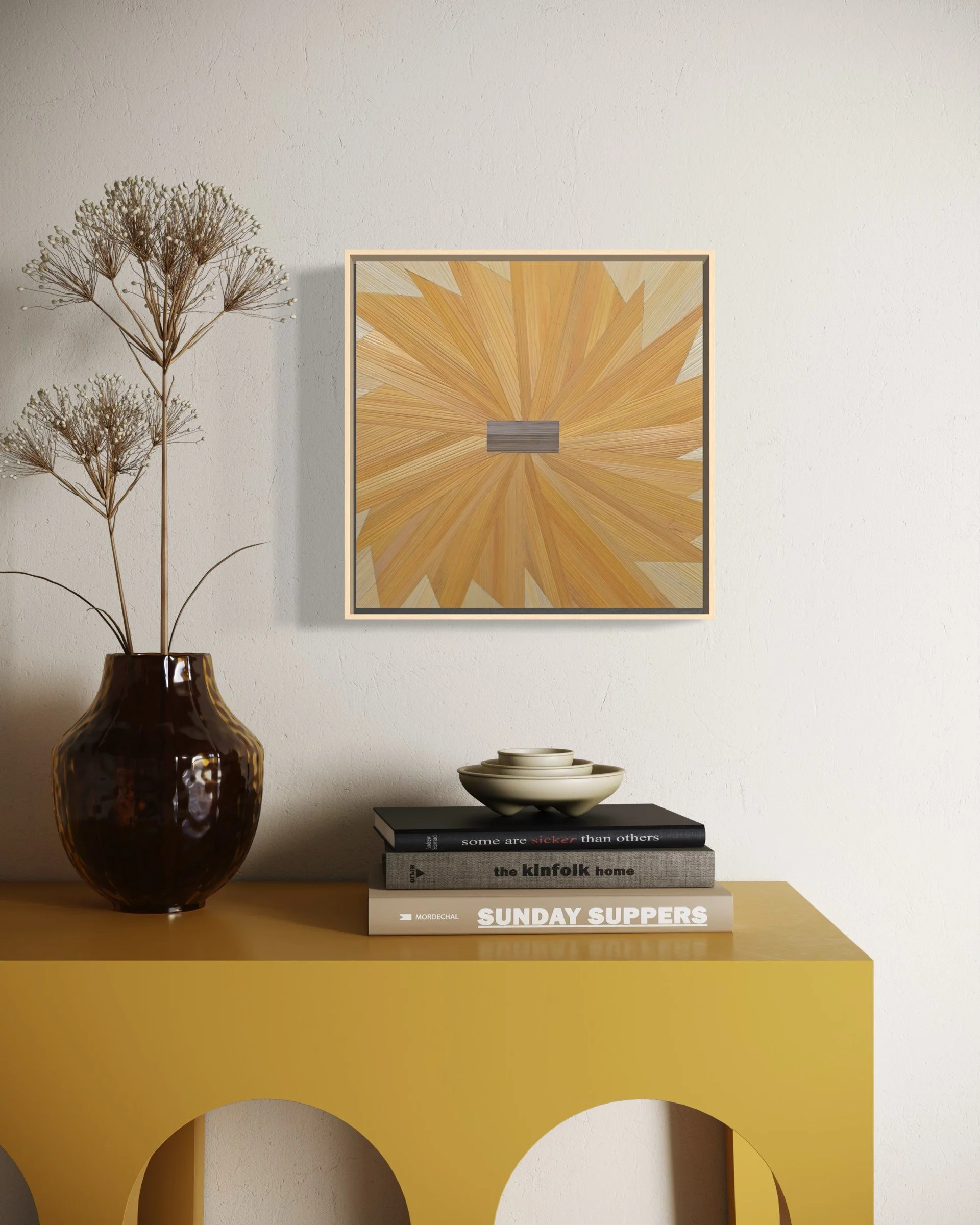 Abstract straw marquetry fine art in a sunflower pattern shown mounted in a contemporary interior setting | golden yellow | 12x12in