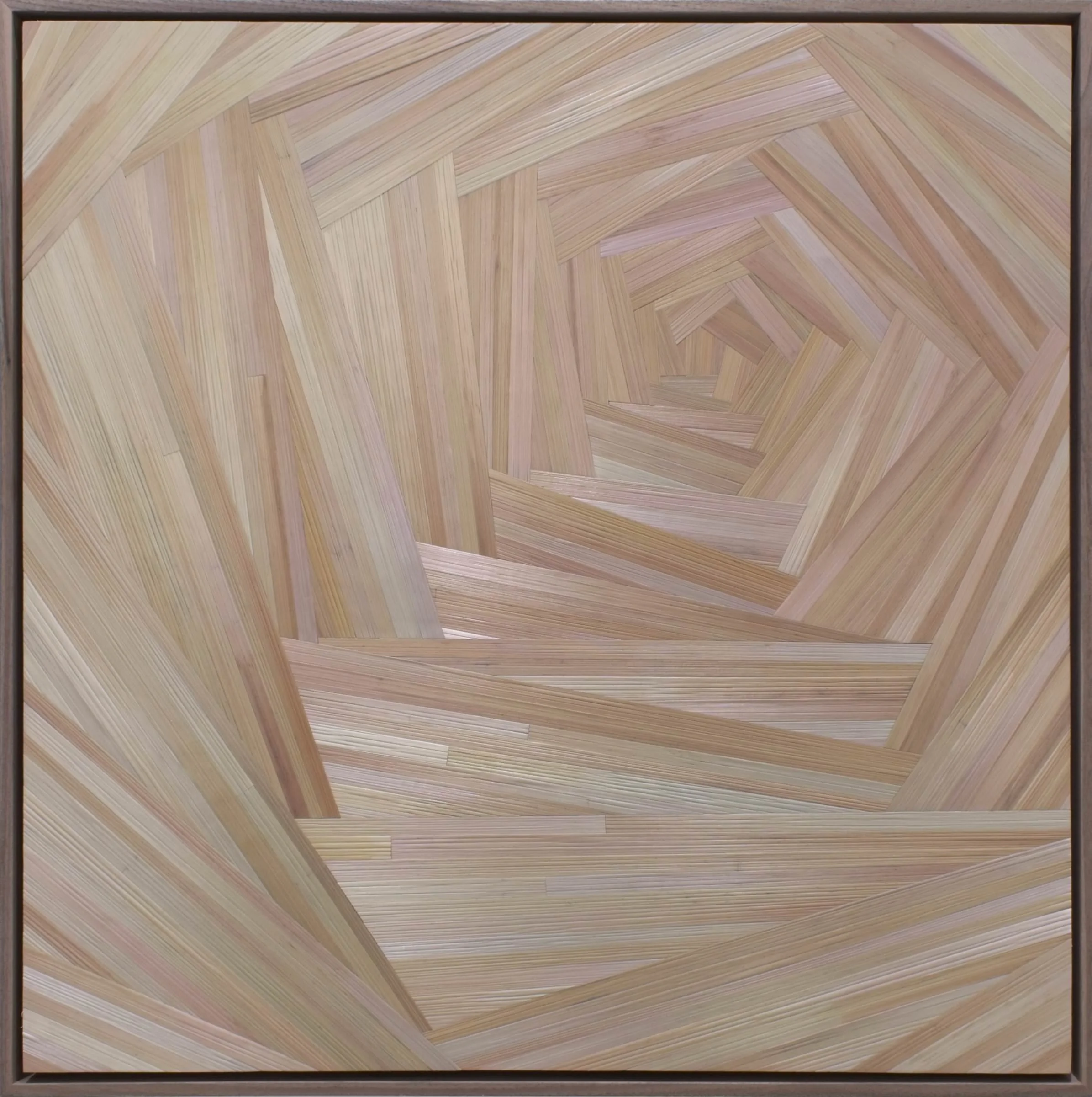 Straw marquetry panel by Sarah Schwartz, float-framed in walnut, 24 × 24 inches; pentagonal spiral design in pale iridescent rye straw with blush pink and silver tones against warm walnut frame