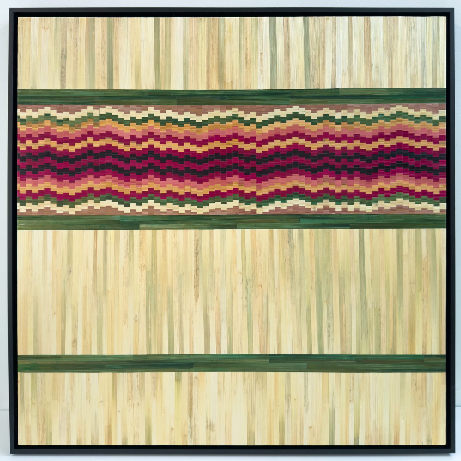 'Rich Inner Life #2' in a contemporary frame, accentuating the bold contrast between its luminous beige surface and the structured band of rich, layered straw hues.