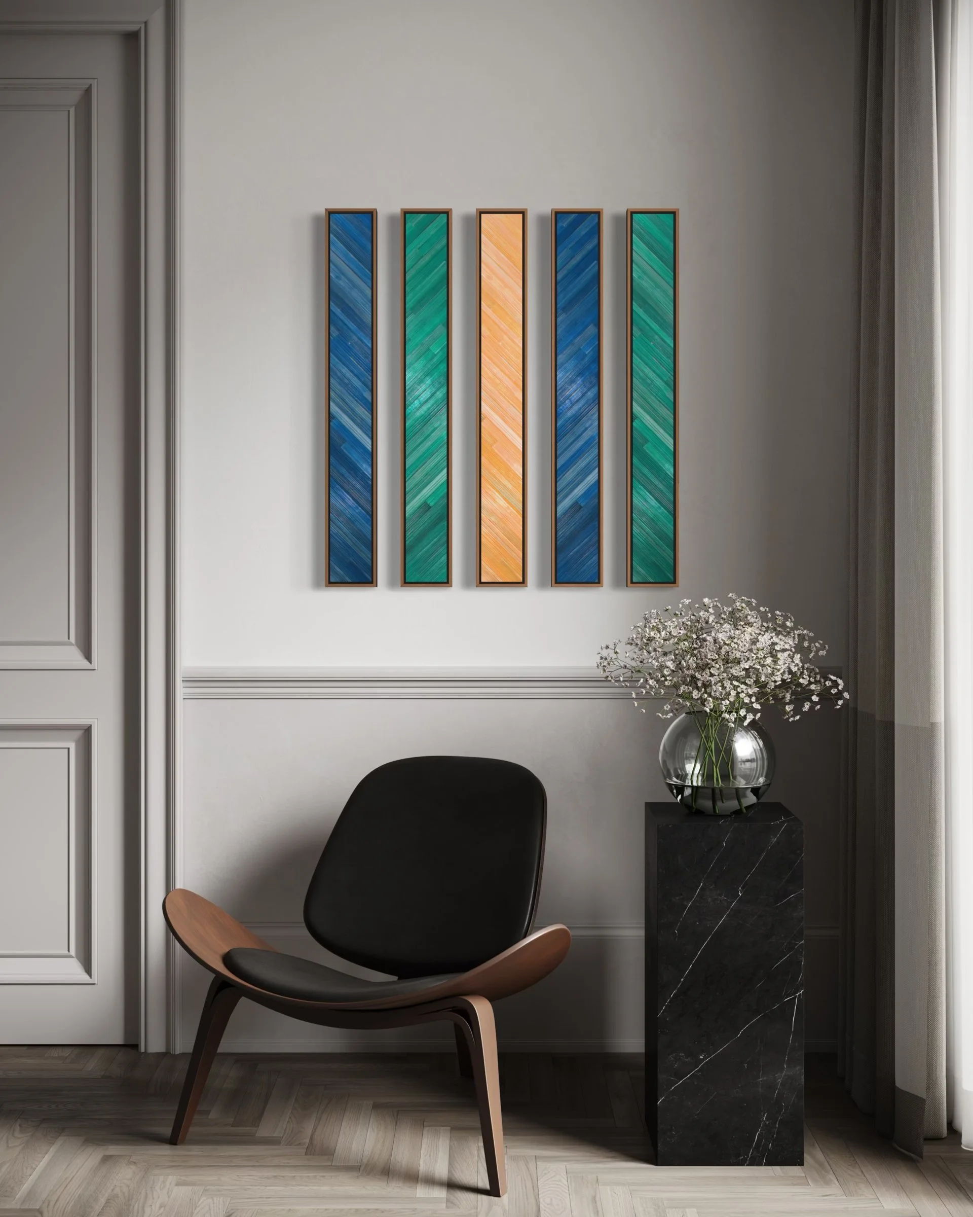 A set of five narrow straw marquetry artworks, each measuring 4 x 36 inches and float-framed in walnut. The pieces feature a dynamic chevron or zig-zag pattern, with straw placed at a 45-degree angle, creating a striking interplay of blue, green, and