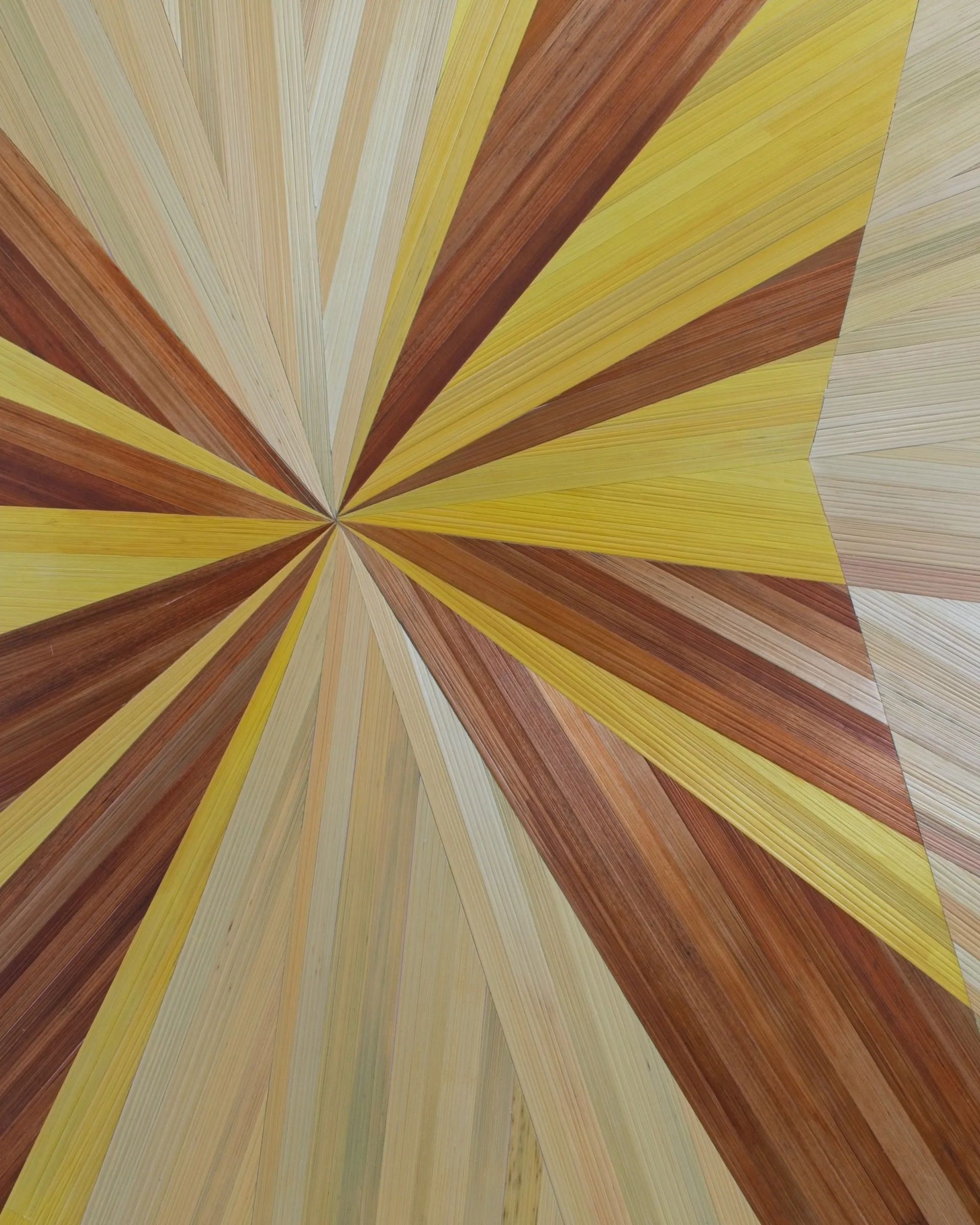Close-up detail of hand-dyed rye straw marquetry showing individual straw elements, organic texture, and yellow, brown, and golden beige tones — fine art straw marquetry by Sarah Schwartz