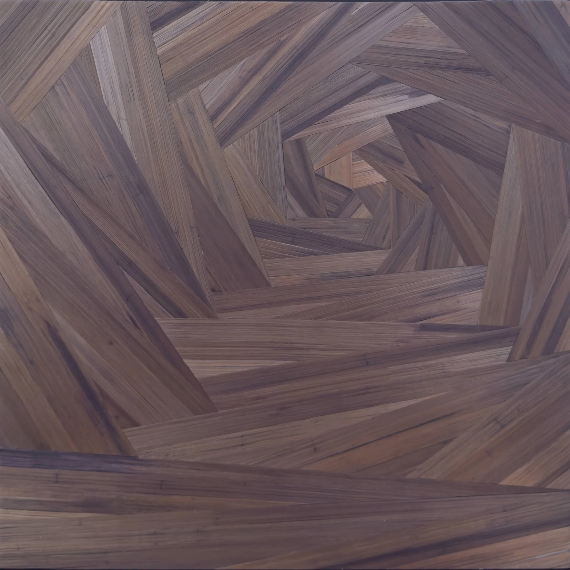 Abstract geometric straw marquetry fine art with pentagonal spiral composition in deep walnut browns | 12in x 12in