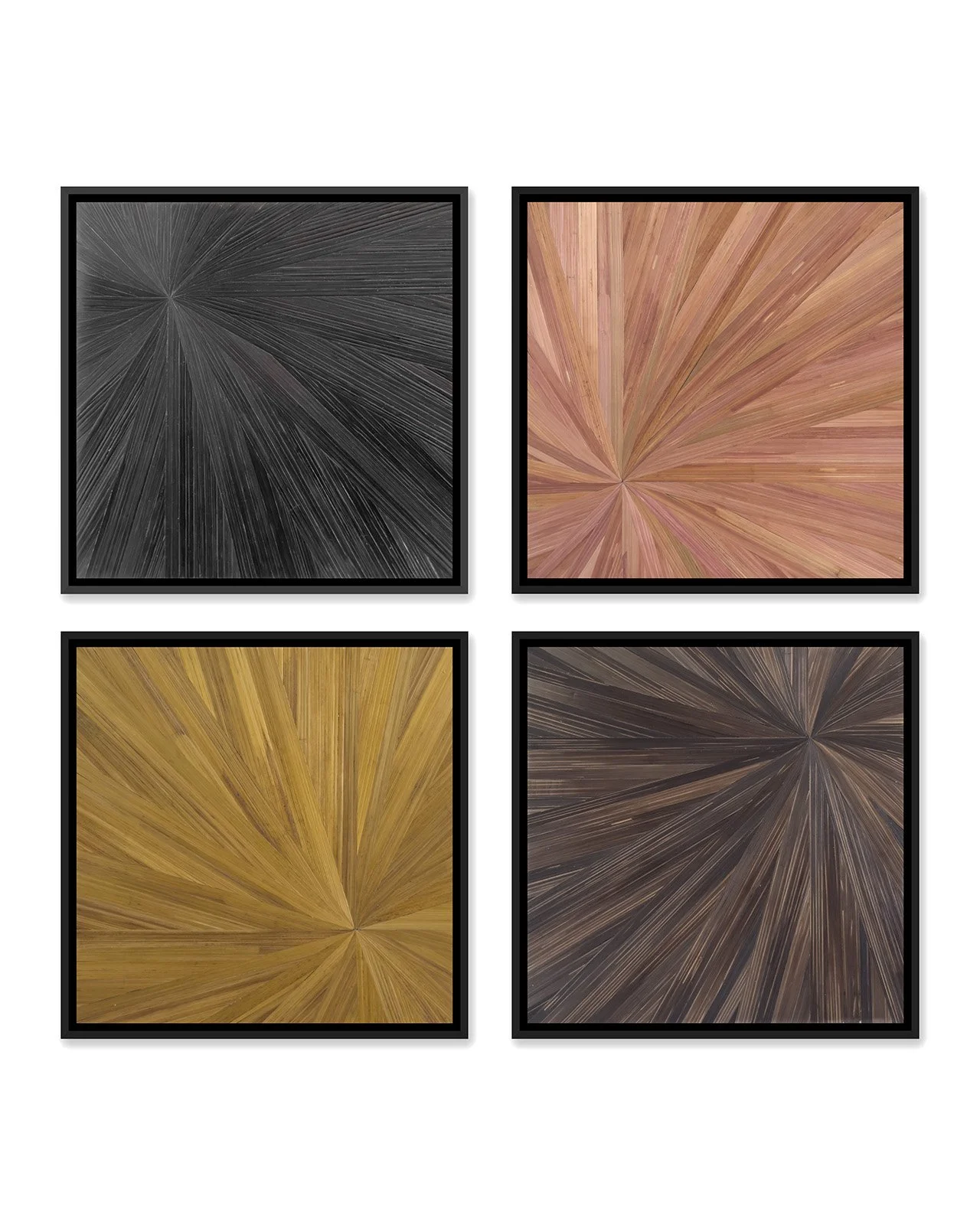 A set of 4 12in  x 12in straw marquetry panels in a contemporary radial pattern.  Shown in pink, gold, brown, and black