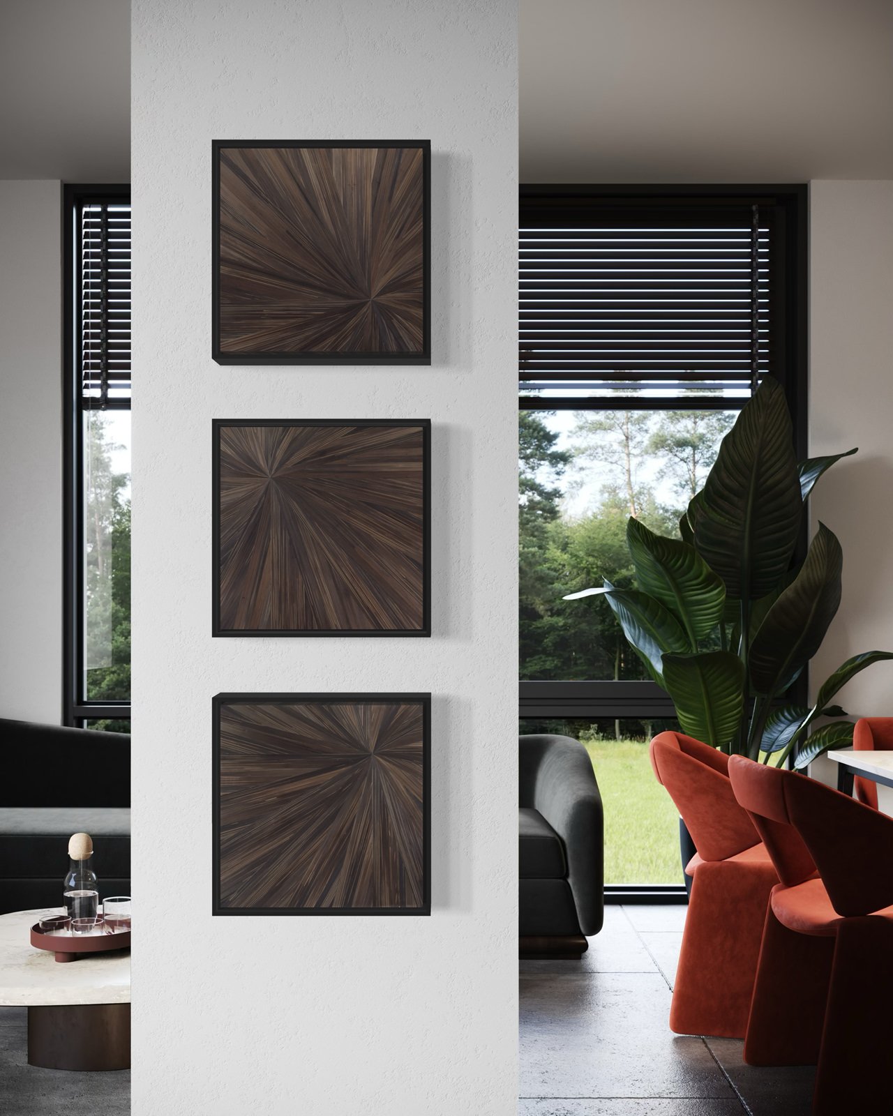 Radiance straw marquetry series in brown shown in a trio in a sophisticated, contemporary living room.