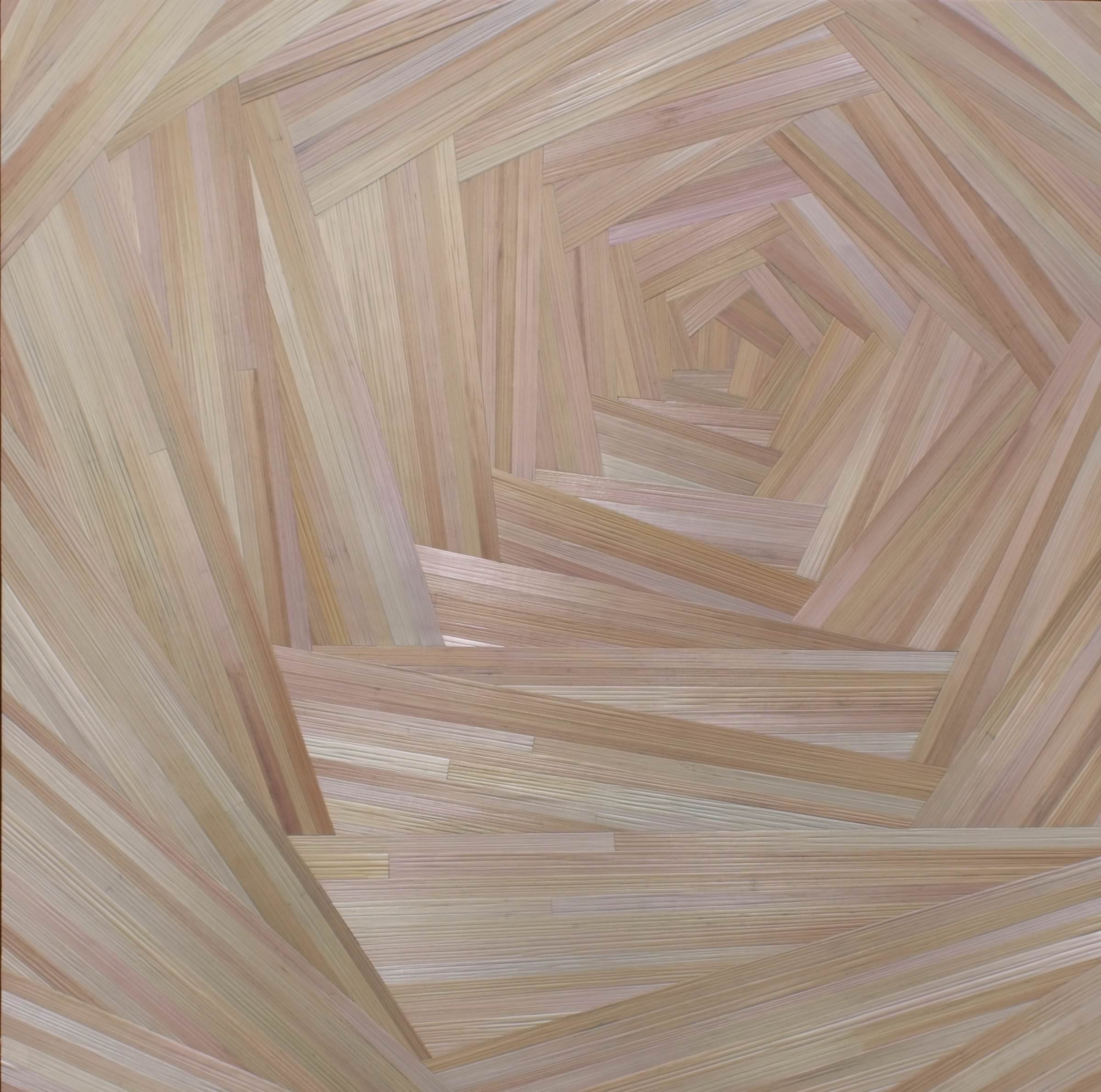 Straw marquetry wall art panel with pentagonal spiral composition and with blush pink and silver iridescence; the organic texture of individual straw fibers is visible across the surface. 24in x 24in